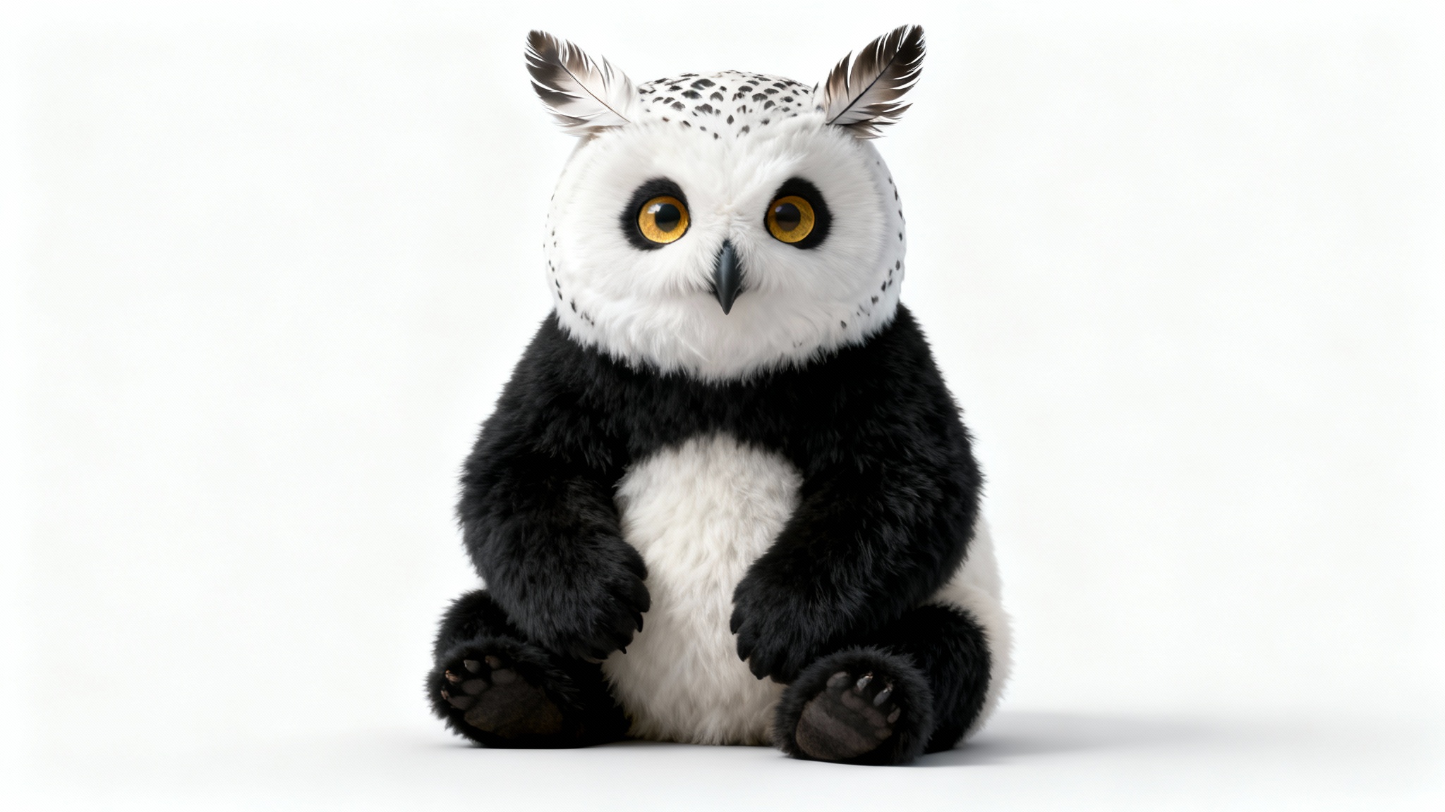 A hyperrealistic image of a mythical hybrid animal, the 'Pandowl,' which has the head of a snowy owl and the body of a giant panda, sitting against a solid white background.