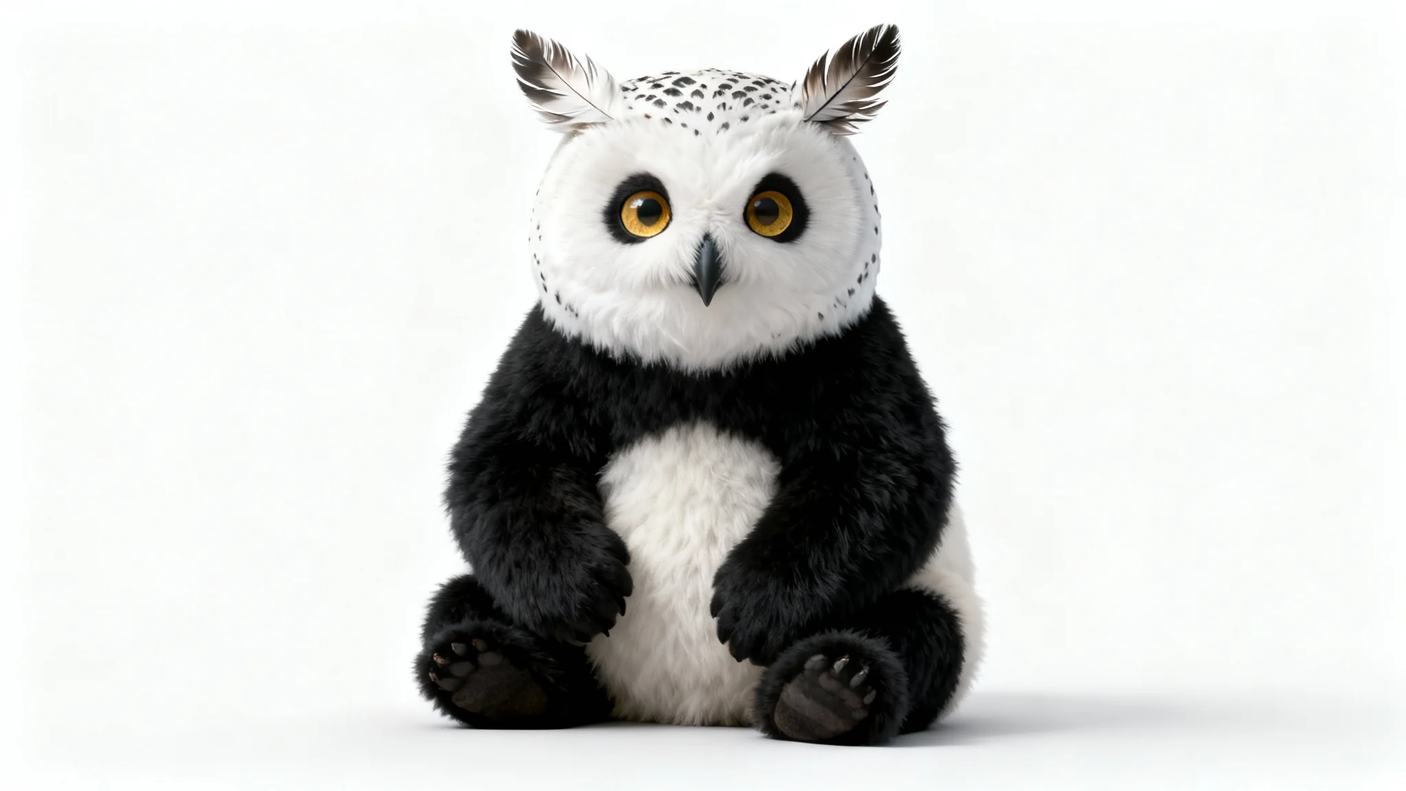 A hyperrealistic image of a mythical hybrid animal, the 'Pandowl,' which has the head of a snowy owl and the body of a giant panda, sitting against a solid white background.