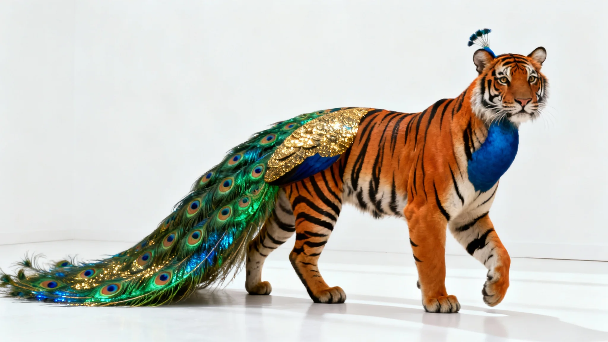 A photorealistic image of a majestic hybrid animal, featuring the body of a tiger and the elaborate, colorful tail feathers of a peacock, set against a clean white background.