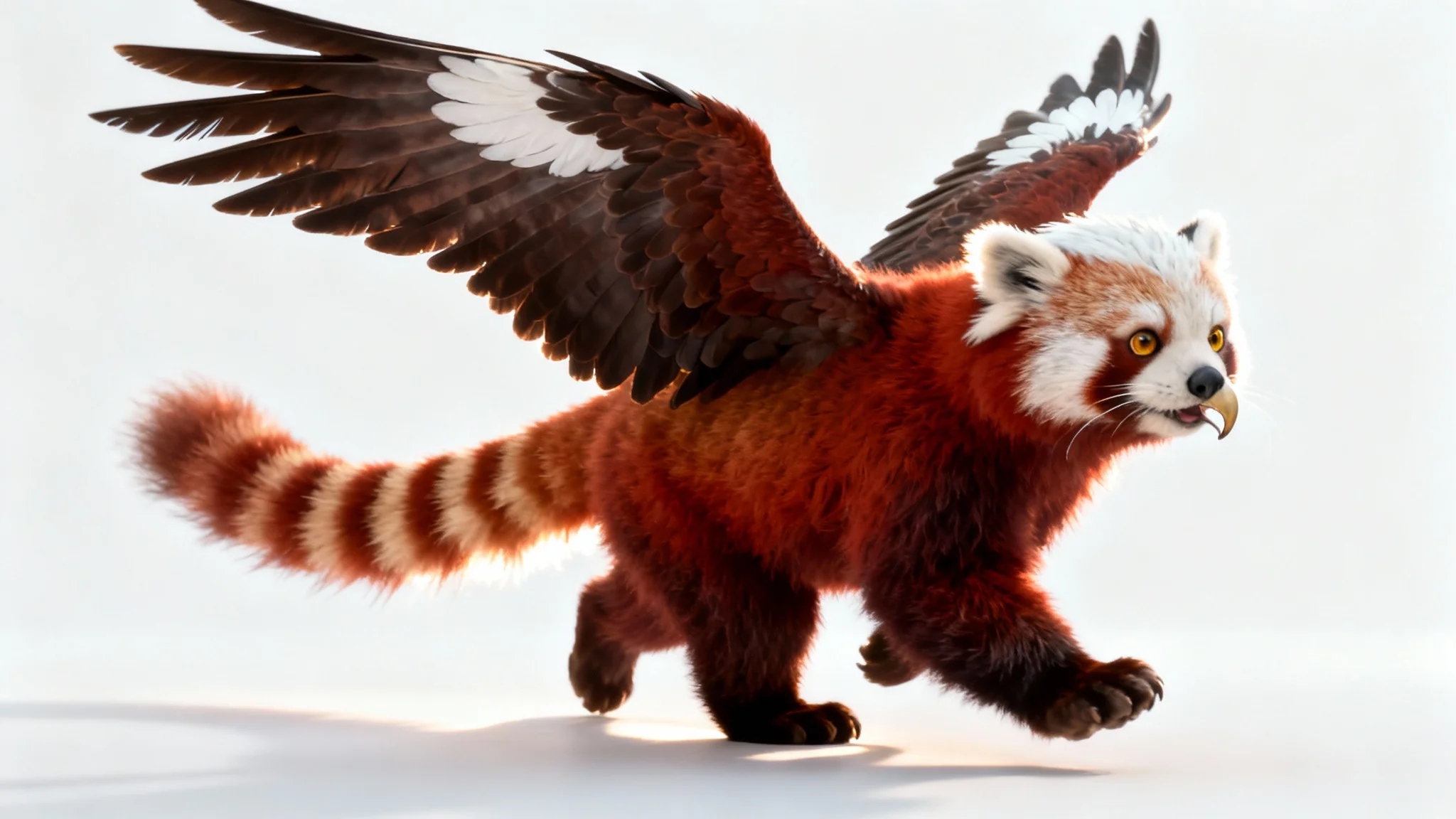A photorealistic image of a hybrid animal combining a red panda and a bald eagle, standing against a plain white background.