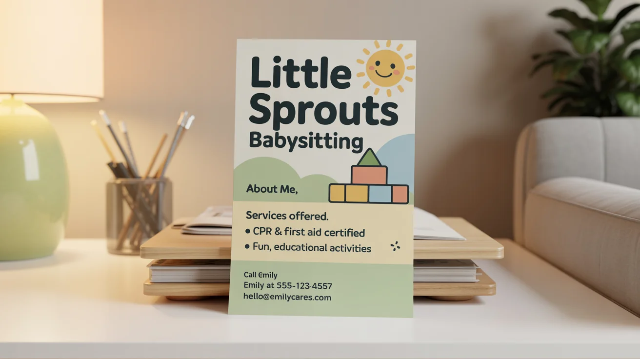 A final designed version of a babysitting flyer template, featuring the headline 'Little Sprouts Babysitting', cute illustrations, and sections for services and contact information.