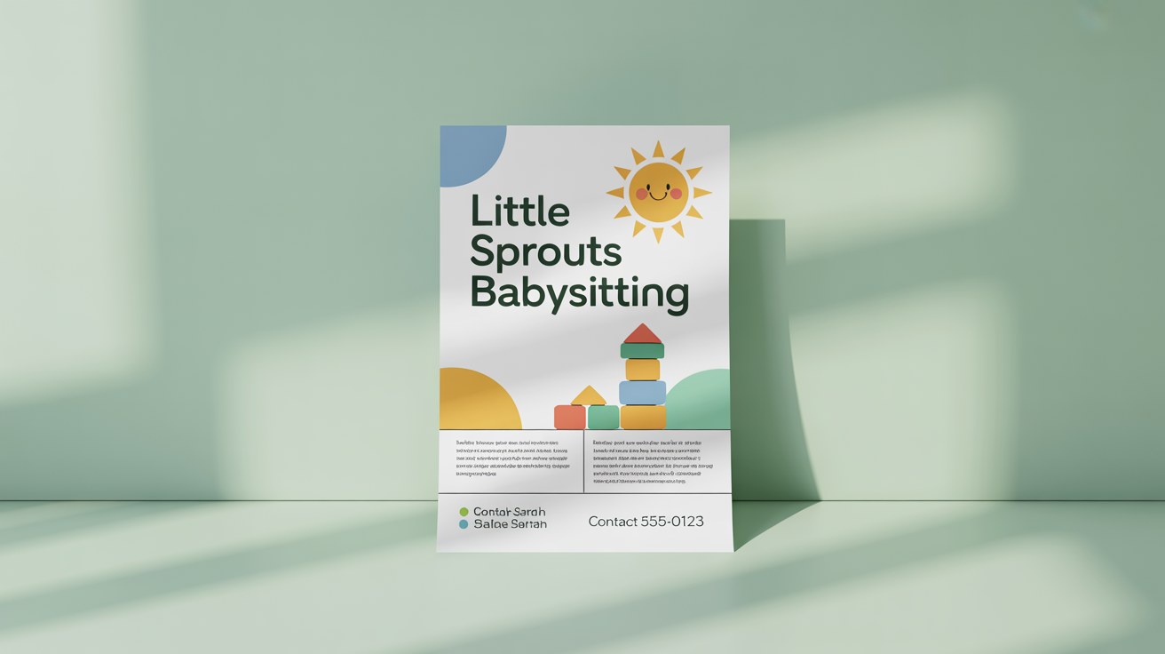 A mockup of a professionally designed babysitting flyer with the title 'Little Sprouts Babysitting', featuring cute illustrations and contact information, set against a plain white background.