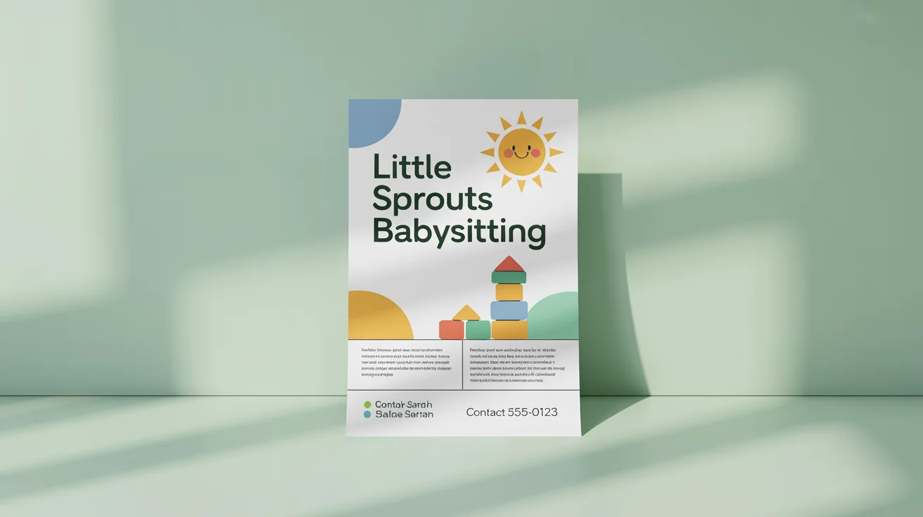 A mockup of a professionally designed babysitting flyer with the title 'Little Sprouts Babysitting', featuring cute illustrations and contact information, set against a plain white background.