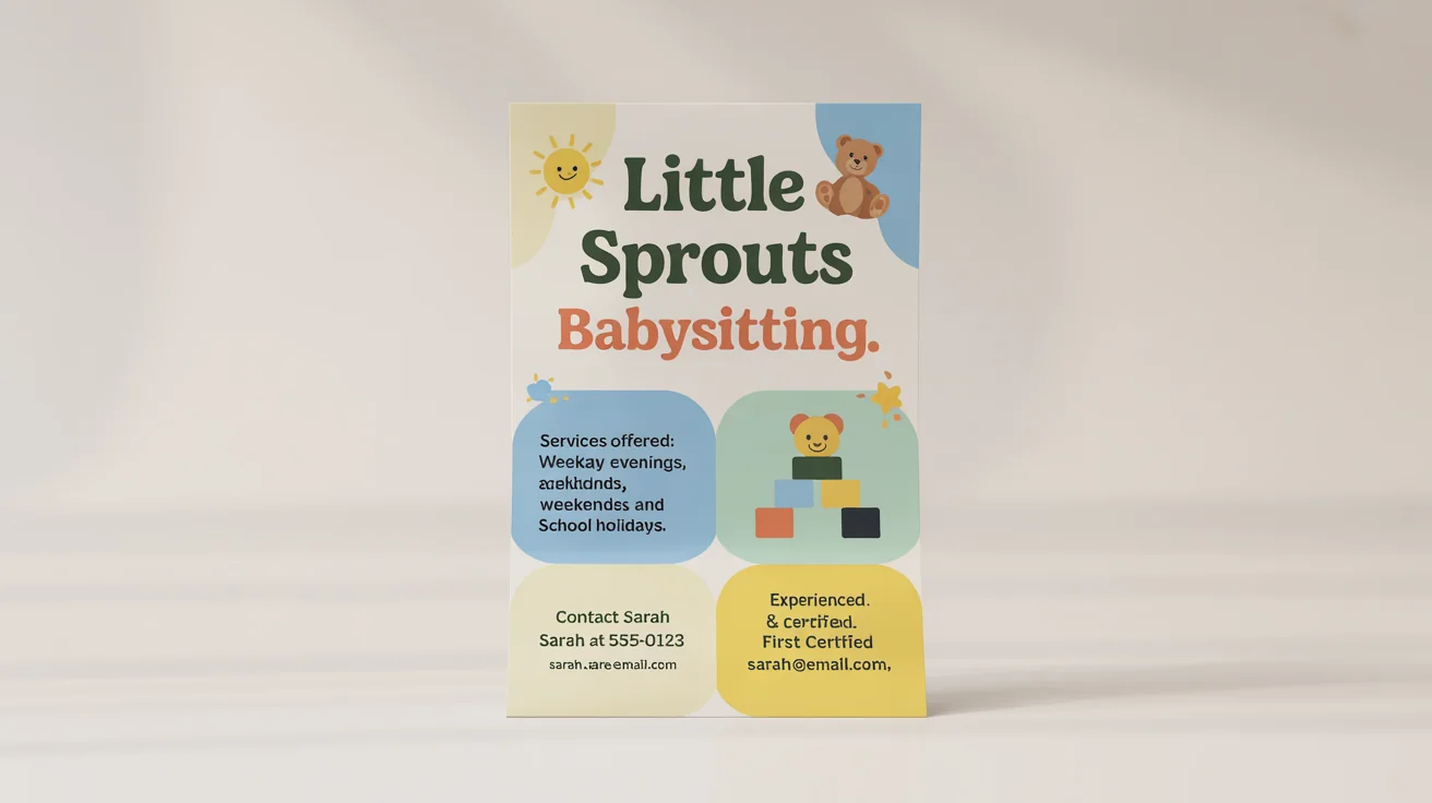 A professionally designed babysitting flyer mockup for 'Little Sprouts Babysitting', featuring cute illustrations and pastel colors on a white background.