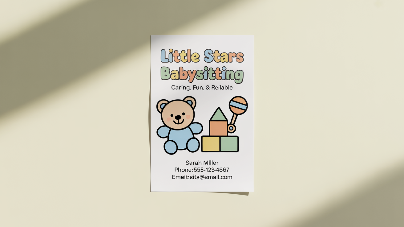 A mockup of a friendly babysitting flyer on a white background. It features pastel colors, cute illustrations of a teddy bear and toys, and advertises 'Little Stars Babysitting' with fictional contact details.