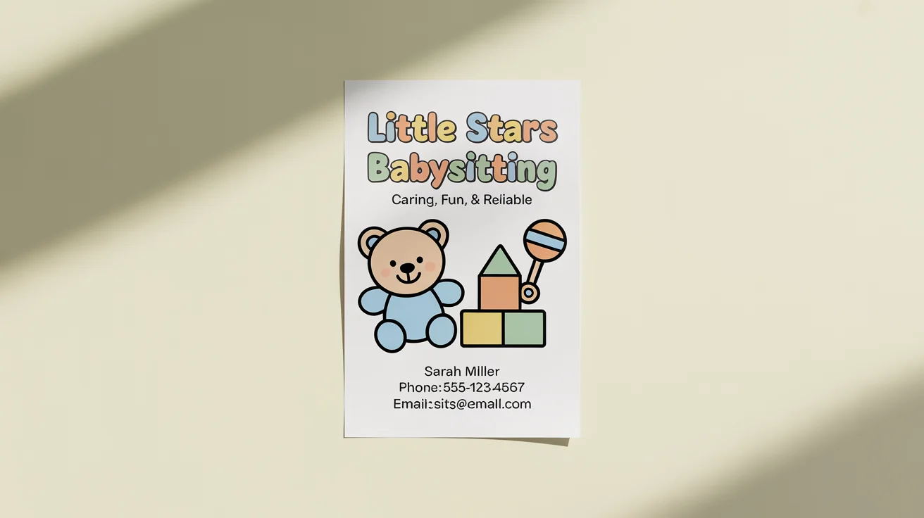 A mockup of a friendly babysitting flyer on a white background. It features pastel colors, cute illustrations of a teddy bear and toys, and advertises 'Little Stars Babysitting' with fictional contact details.