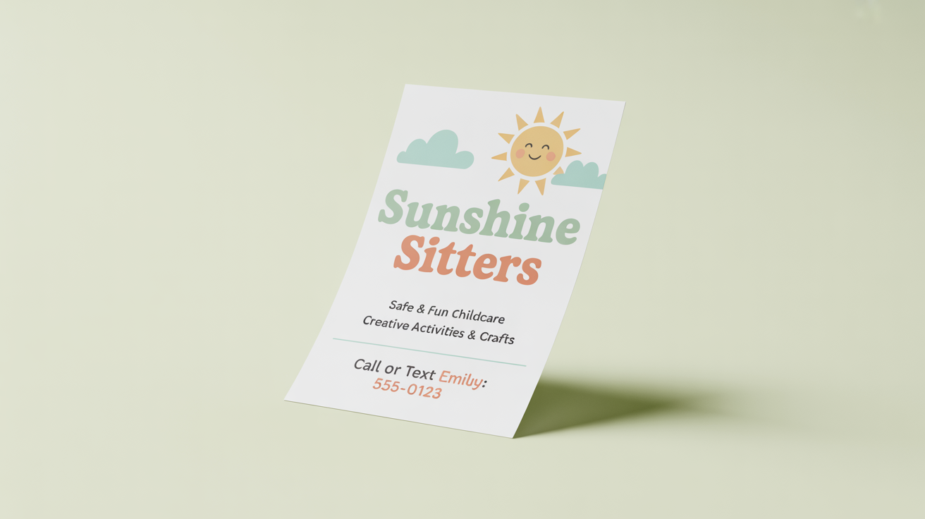 A friendly and professional babysitting flyer mockup for 'Sunshine Sitters'. It features a pastel color scheme, a cute sun illustration, and clear contact information, set against a plain white background.