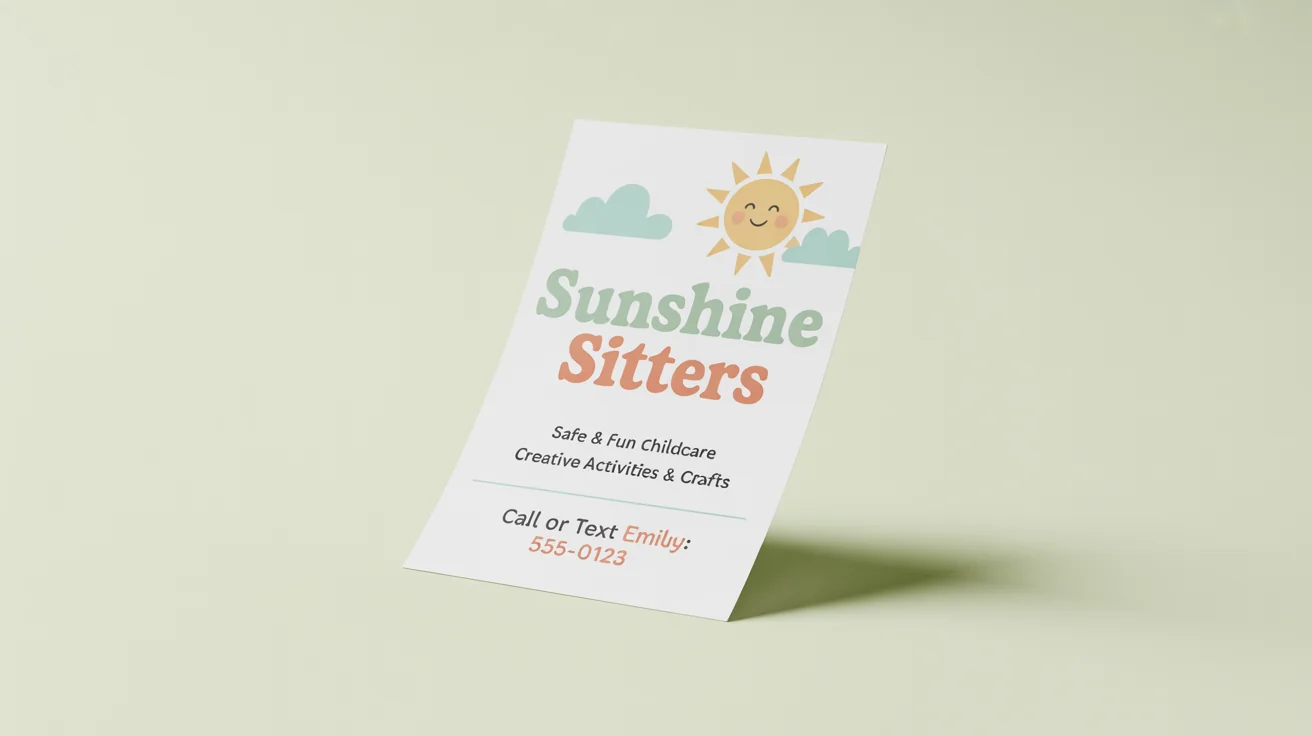 A friendly and professional babysitting flyer mockup for 'Sunshine Sitters'. It features a pastel color scheme, a cute sun illustration, and clear contact information, set against a plain white background.