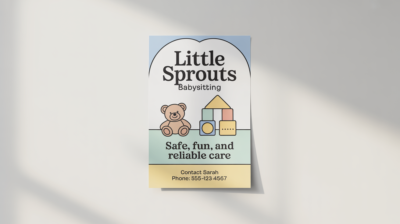 A professional mockup of a babysitting flyer for 'Little Sprouts Babysitting'. The flyer has a clean, pastel design with illustrations of a teddy bear and blocks, set against a solid white background.