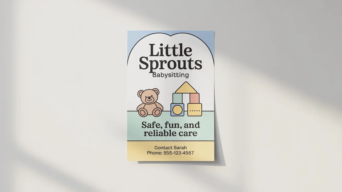 A professional mockup of a babysitting flyer for 'Little Sprouts Babysitting'. The flyer has a clean, pastel design with illustrations of a teddy bear and blocks, set against a solid white background.