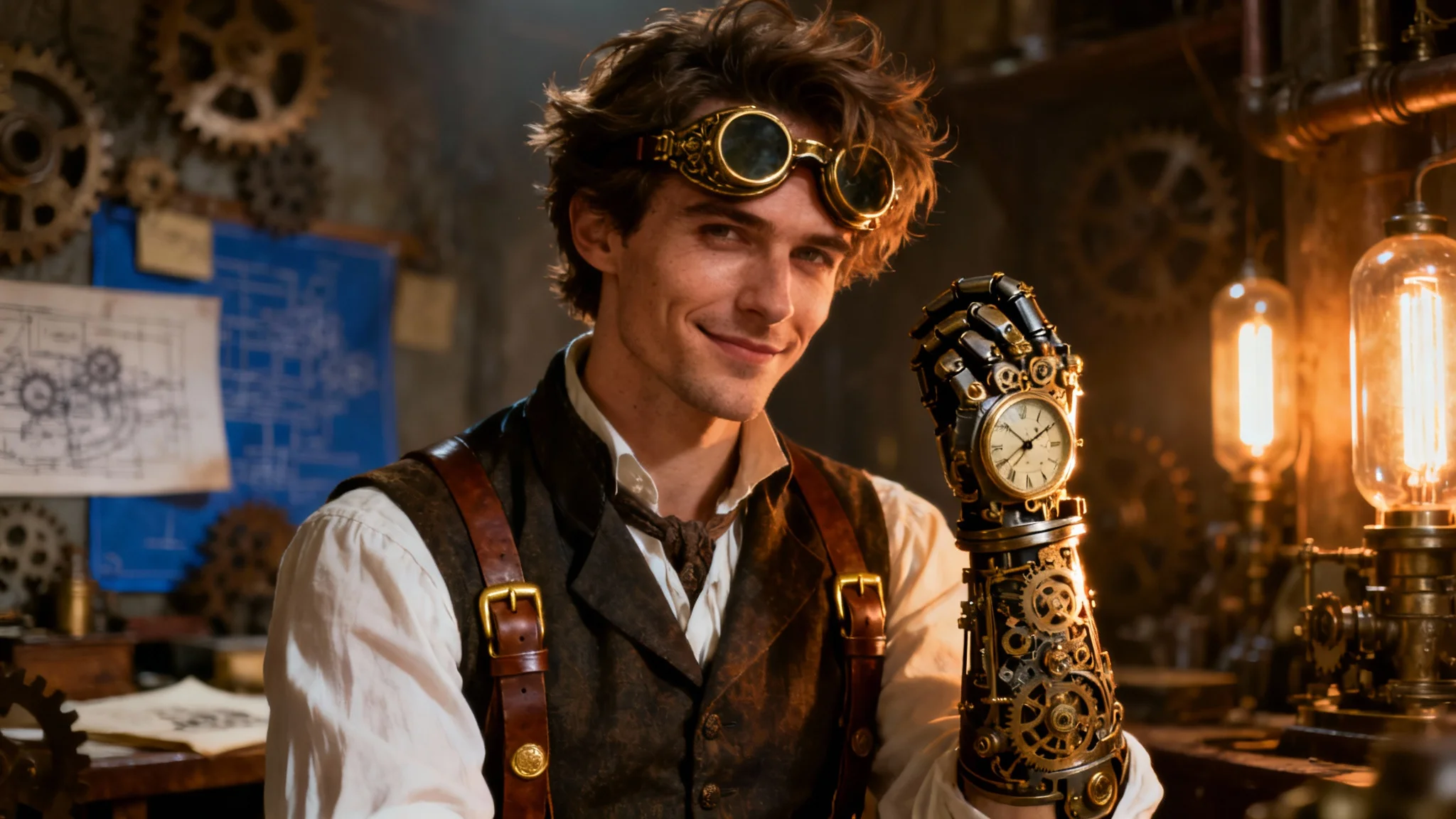 A hyperrealistic digital portrait of a male steampunk character with a clockwork prosthetic arm and goggles, set in an atmospheric inventor's workshop.