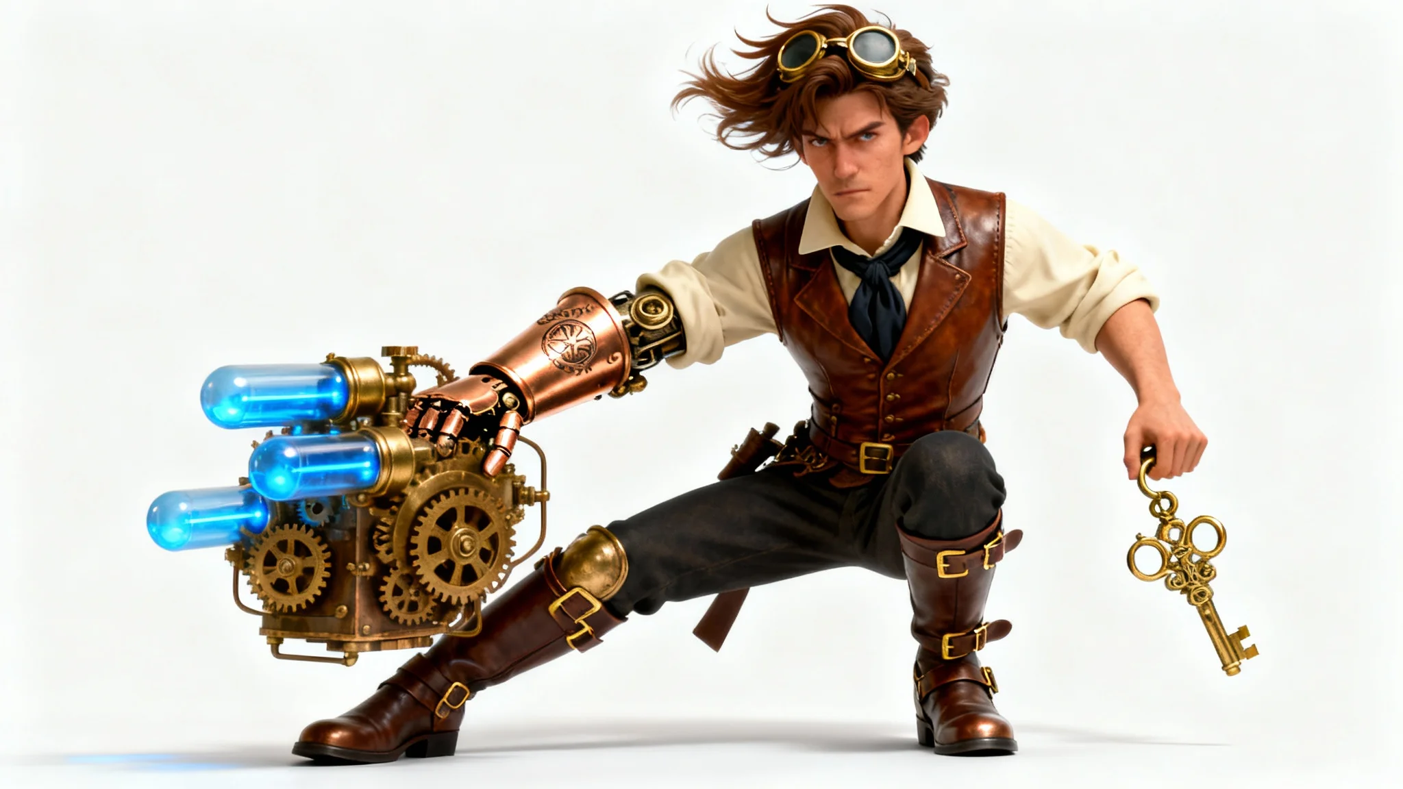 A full-body digital render of a male steampunk inventor with a complex mechanical arm, wearing goggles and a leather vest, standing against a plain white background.