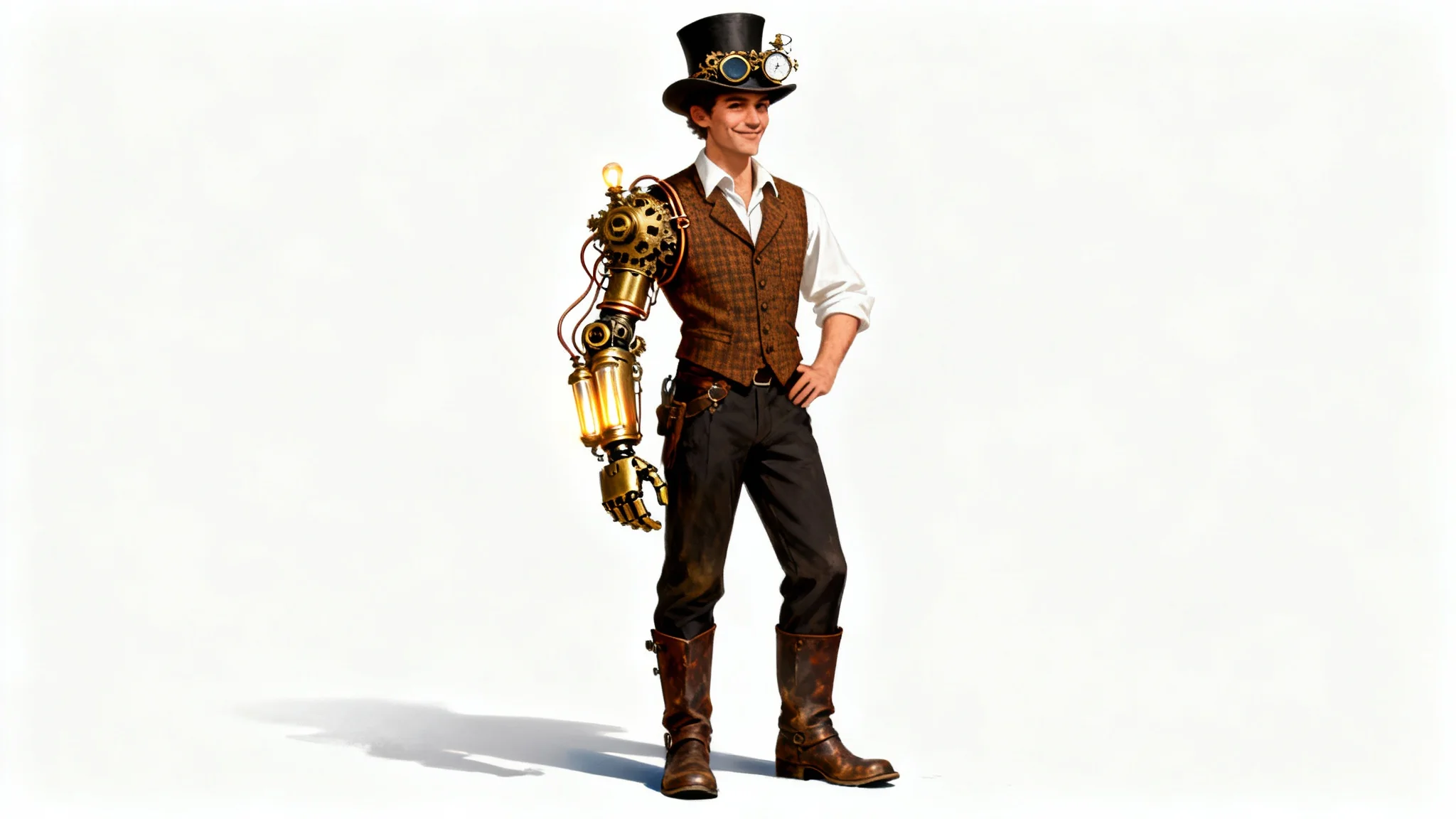 A full-body digital painting of a male steampunk character on a white background. He wears a top hat with goggles and has an intricate, glowing mechanical prosthetic arm.