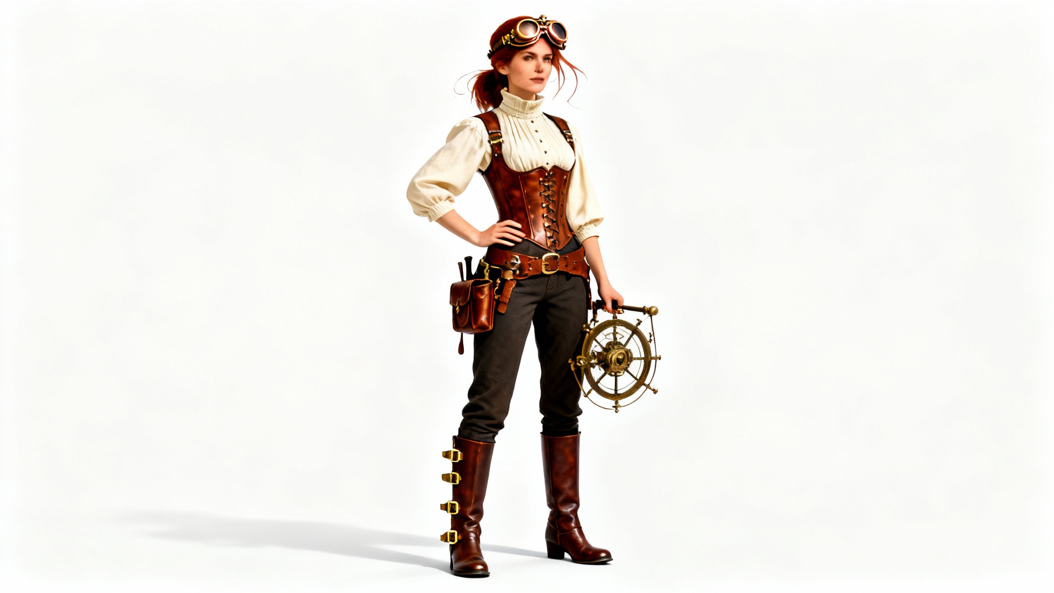 A full-body photorealistic portrait of a female steampunk aviator in detailed costume, including goggles and a leather corset, standing against a clean white background.