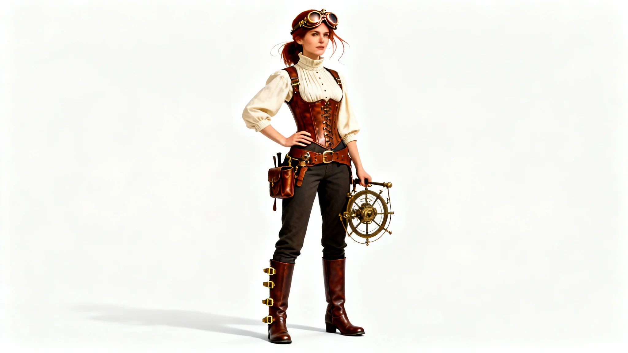 A full-body photorealistic portrait of a female steampunk aviator in detailed costume, including goggles and a leather corset, standing against a clean white background.
