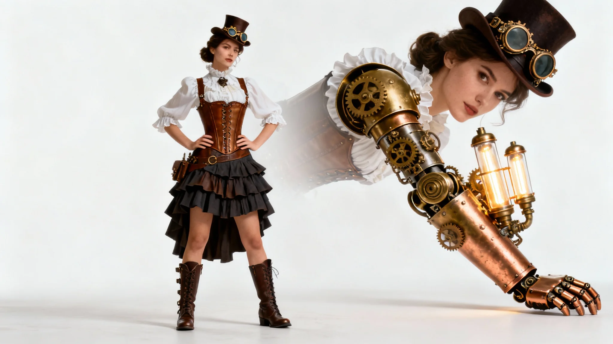A full-body photorealistic portrait of a female steampunk inventor with a detailed mechanical arm, wearing Victorian-era clothing and goggles, posing against a plain white background.