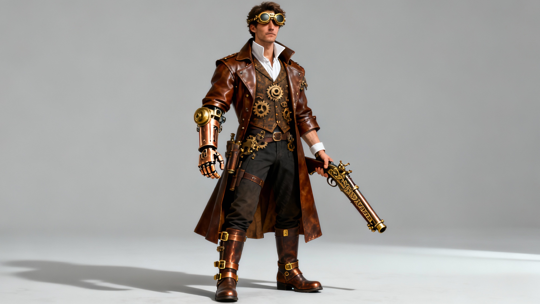 A full-body concept art of a male steampunk adventurer with goggles and a mechanical arm, holding a steampunk rifle against a plain background.
