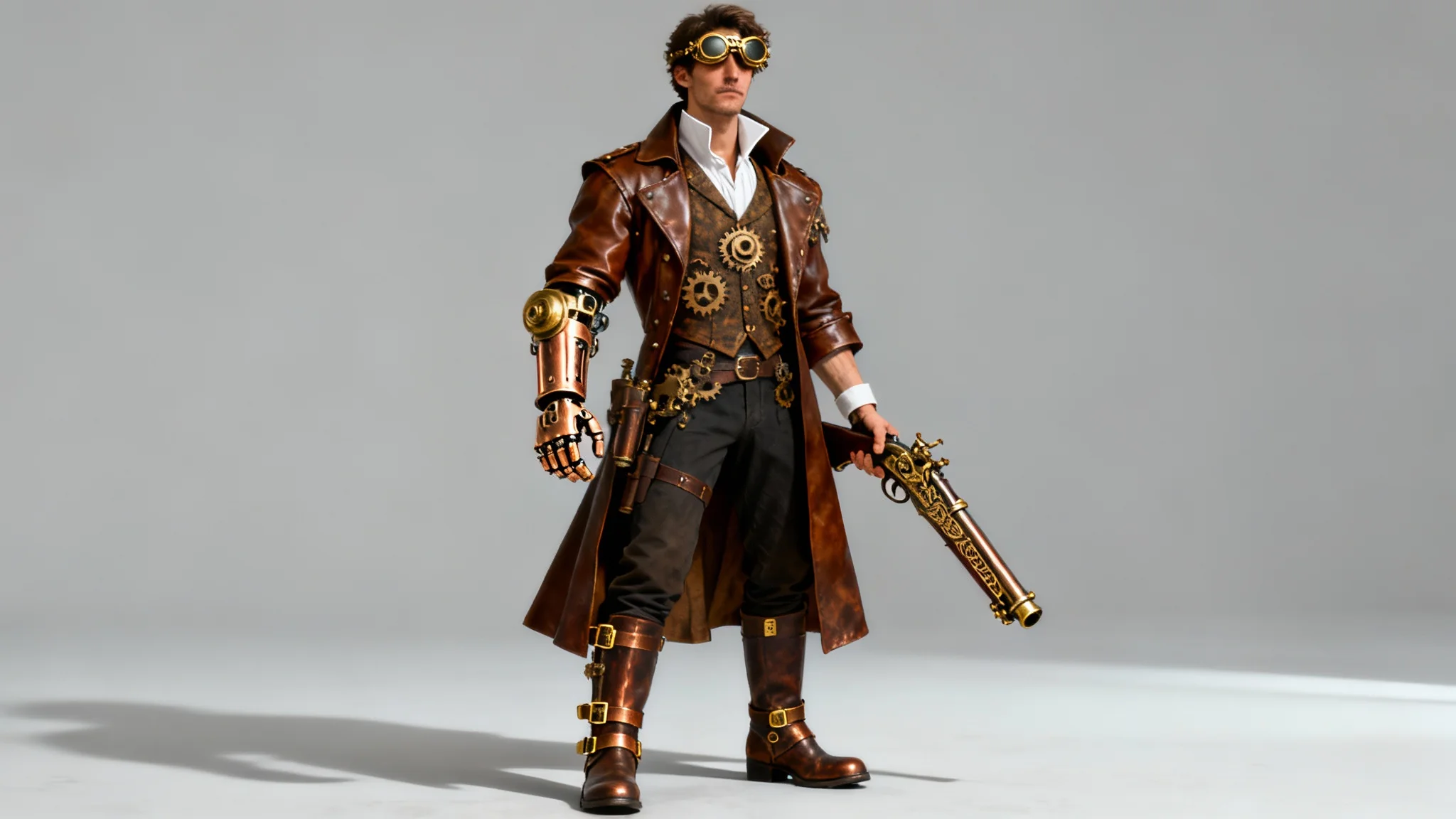 A full-body concept art of a male steampunk adventurer with goggles and a mechanical arm, holding a steampunk rifle against a plain background.