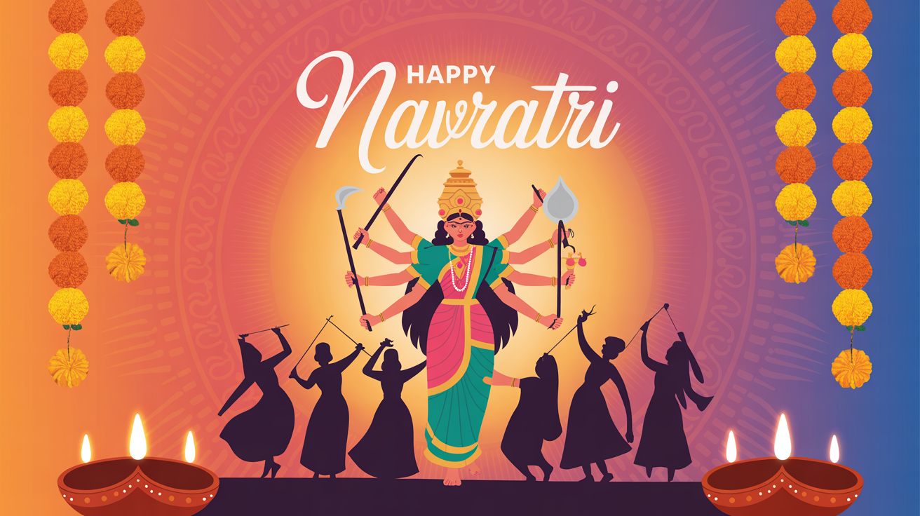A professionally designed Navratri festival poster in vibrant colors. It features a central illustration of Goddess Durga, surrounded by people dancing Garba. The text 'Happy Navratri' is written in a decorative font at the top.
