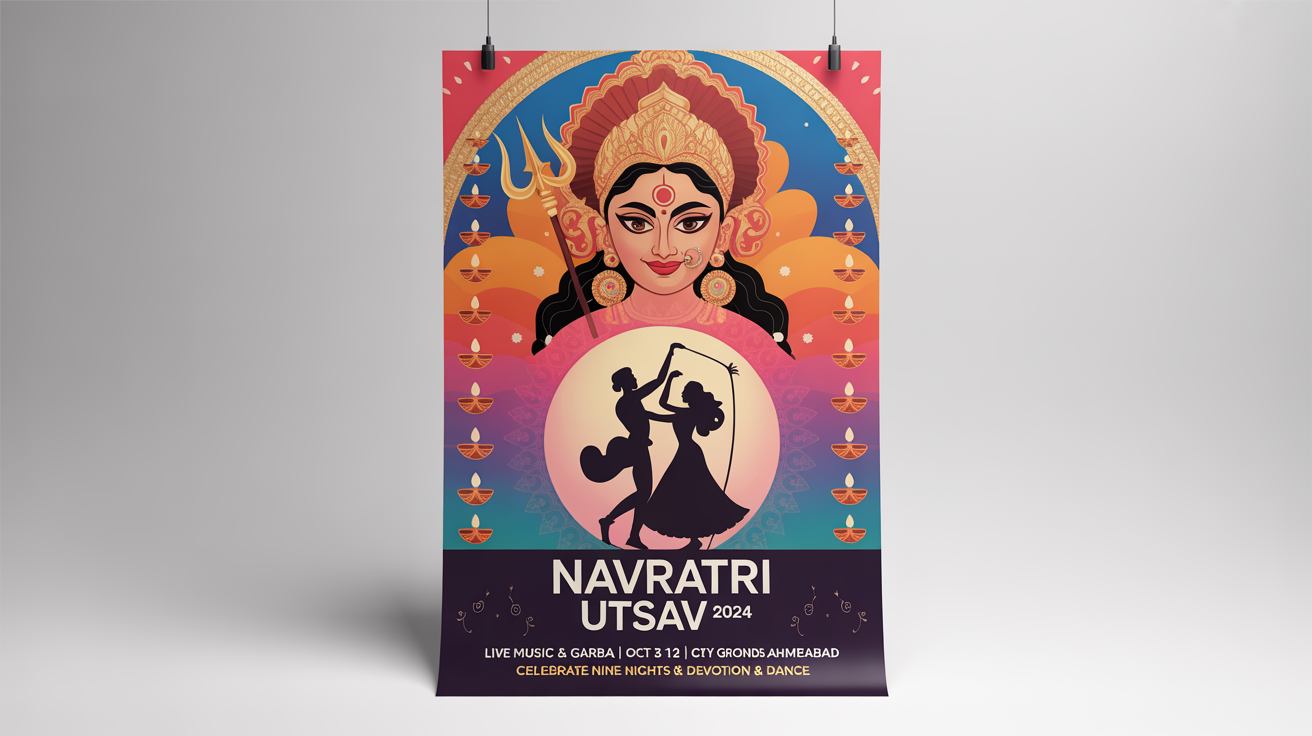 A beautifully designed Navratri festival poster on a white background. It features an illustration of Goddess Durga, Garba dancers, and festive text that reads 'Navratri Utsav 2024'.