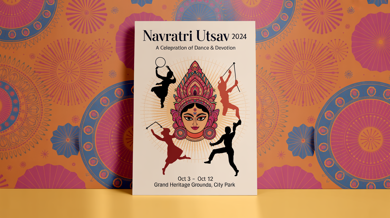 A professionally designed Navratri poster mockup for 'Navratri Utsav 2024', featuring a vibrant illustration of Goddess Durga and dancing figures, displayed on a clean white background.