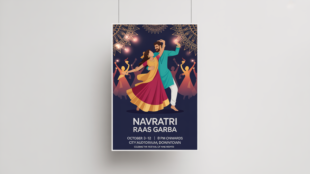 A vibrant poster mockup for a Navratri Raas Garba event. The design features a dancing couple, traditional patterns, and event details, presented on a white background.