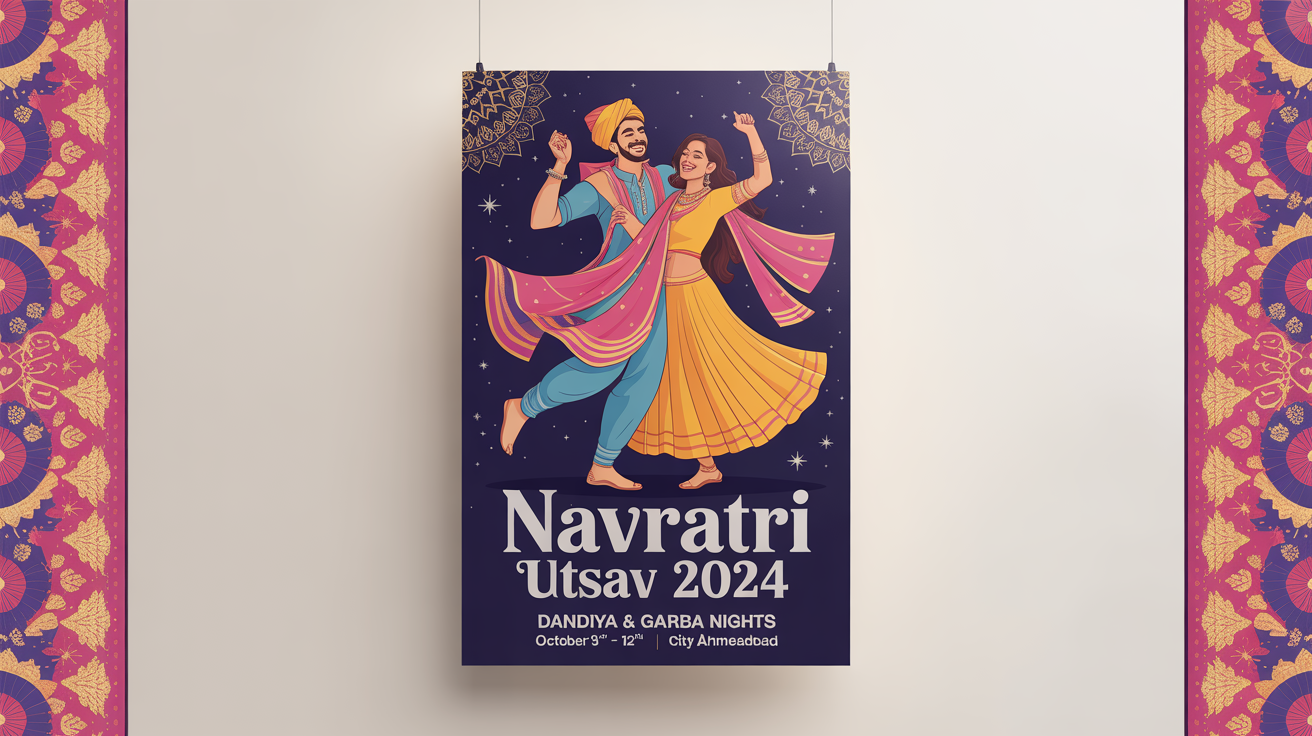 A festive Navratri poster mockup on a white background, featuring a dancing couple and text that reads 'Navratri Utsav 2024'.