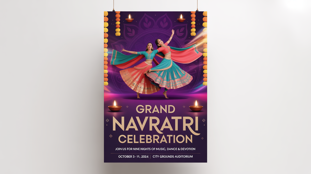 A vibrant Navratri celebration poster mockup featuring a couple dancing Garba, surrounded by diyas and flowers. The poster includes event details and has a festive, modern design.