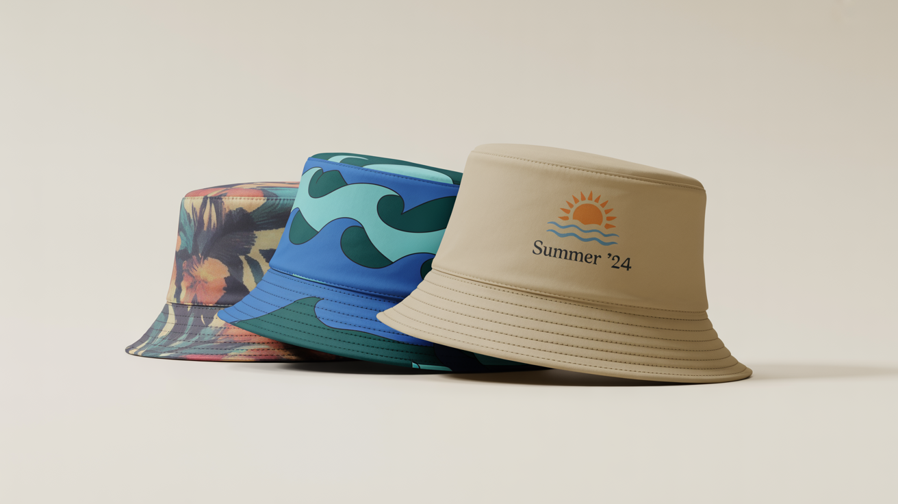 A professional product mockup showing three custom-designed bucket hats on a clean background. One has a colorful abstract floral design, another has a geometric blue wave pattern, and the third is beige with an embroidered sun logo and the text 'Summer '24'.