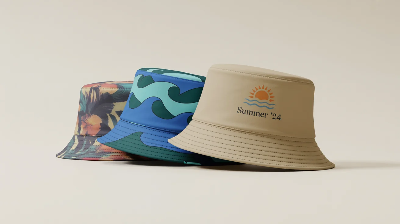 A professional product mockup showing three custom-designed bucket hats on a clean background. One has a colorful abstract floral design, another has a geometric blue wave pattern, and the third is beige with an embroidered sun logo and the text 'Summer '24'.