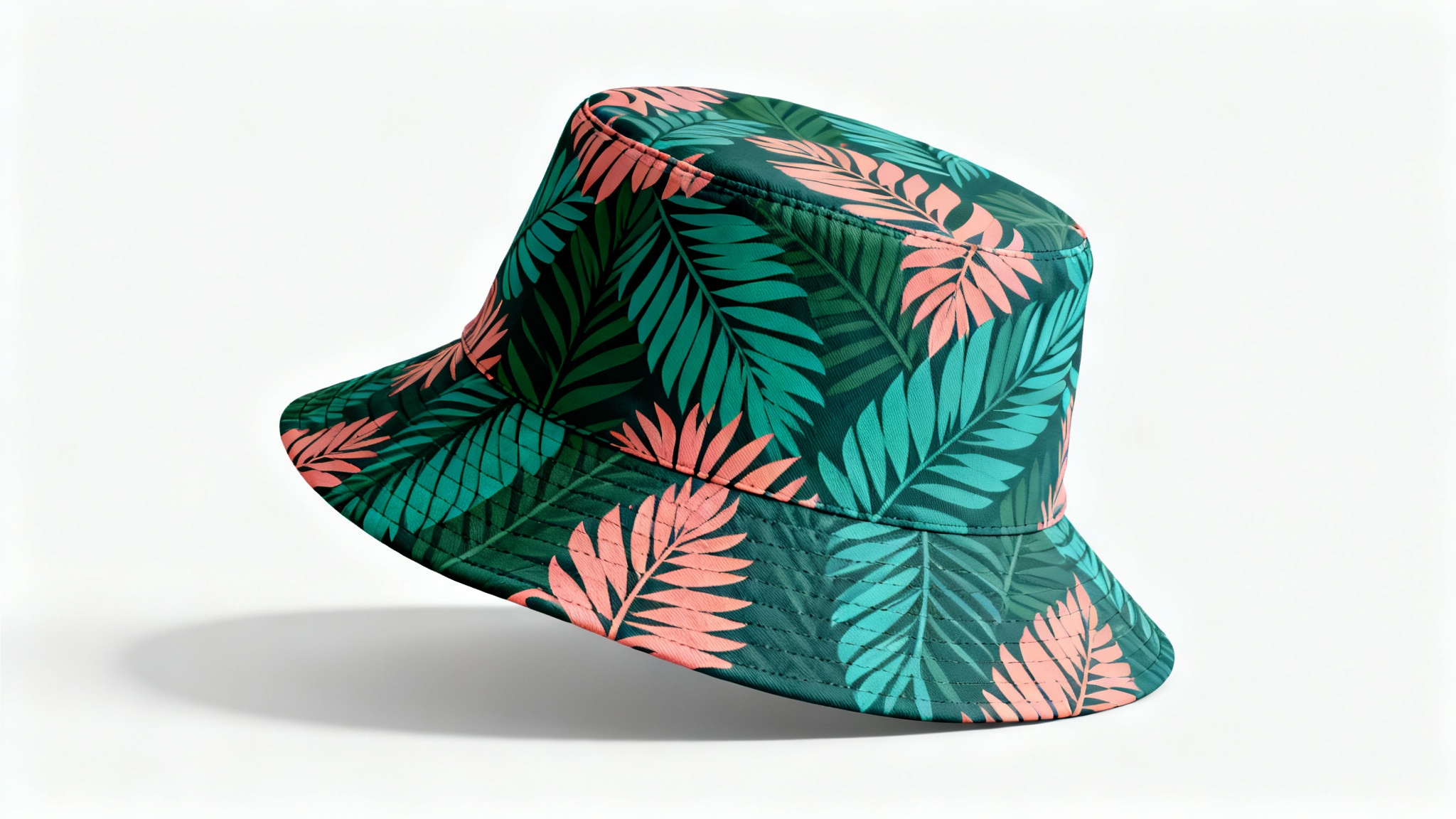 A stylish bucket hat with a colorful tropical leaf pattern, professionally photographed on a clean white background.