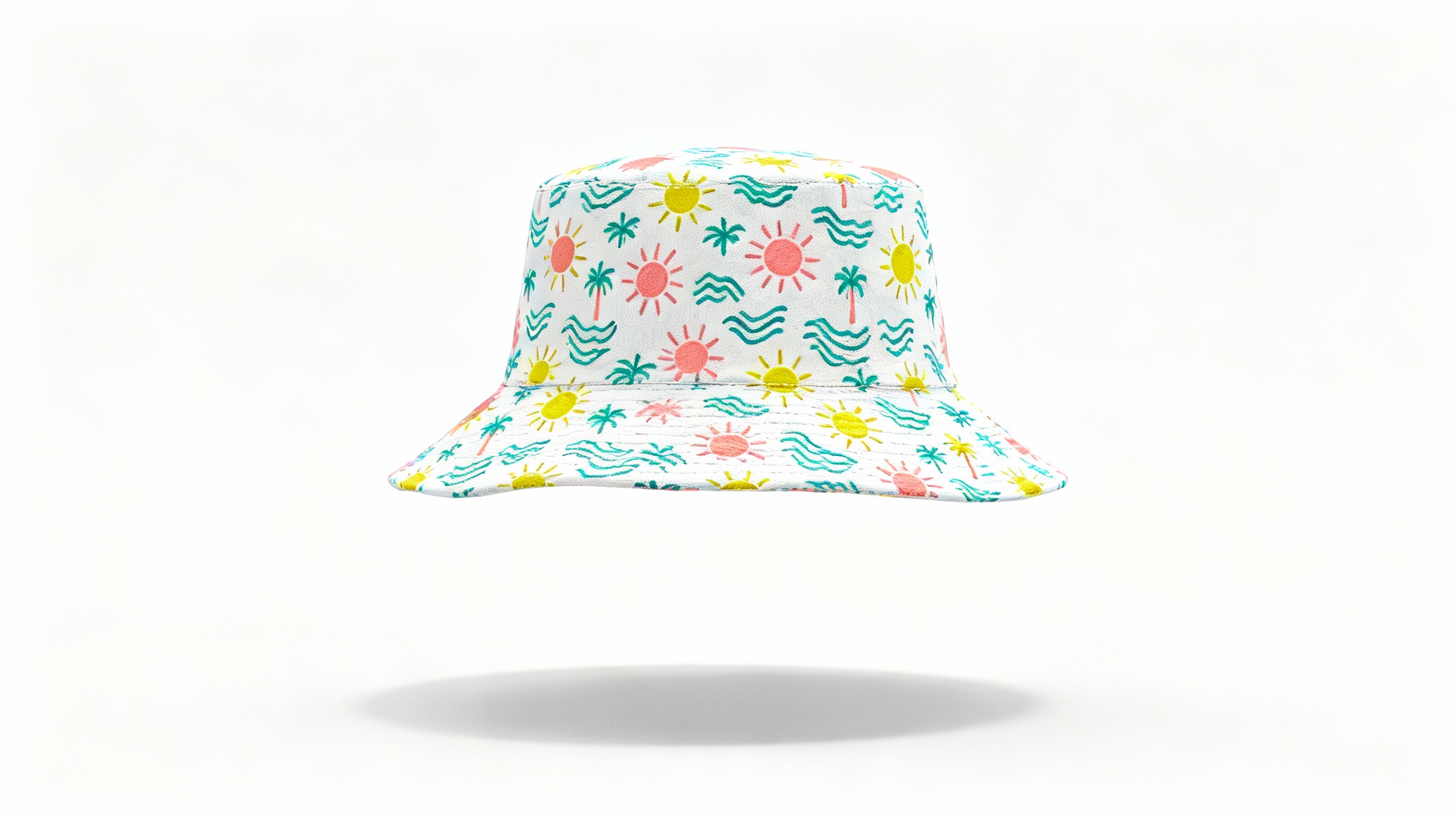 A photorealistic mockup of a bucket hat with a colorful summer-themed pattern, displayed centrally on a clean white background.