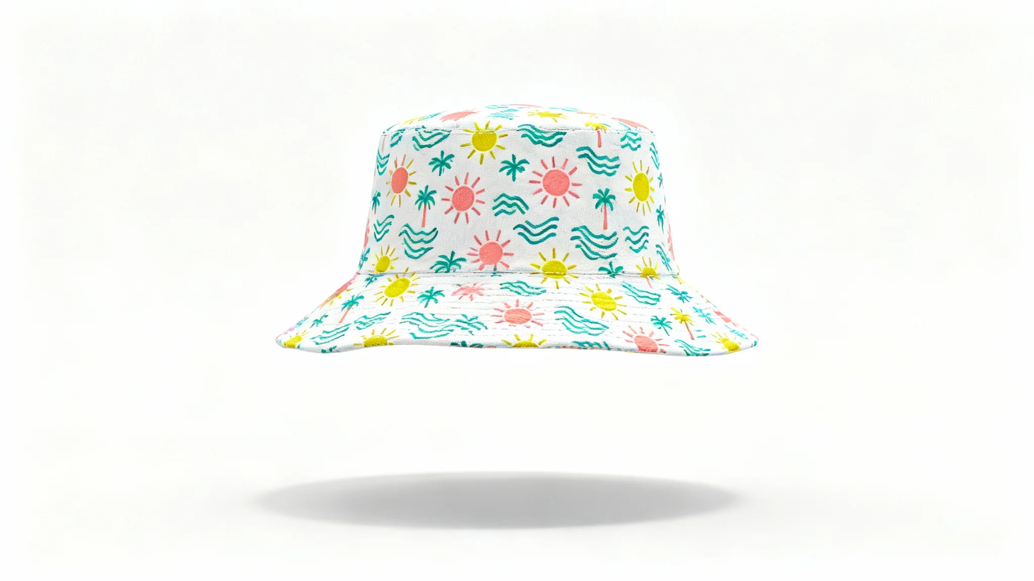 A photorealistic mockup of a bucket hat with a colorful summer-themed pattern, displayed centrally on a clean white background.