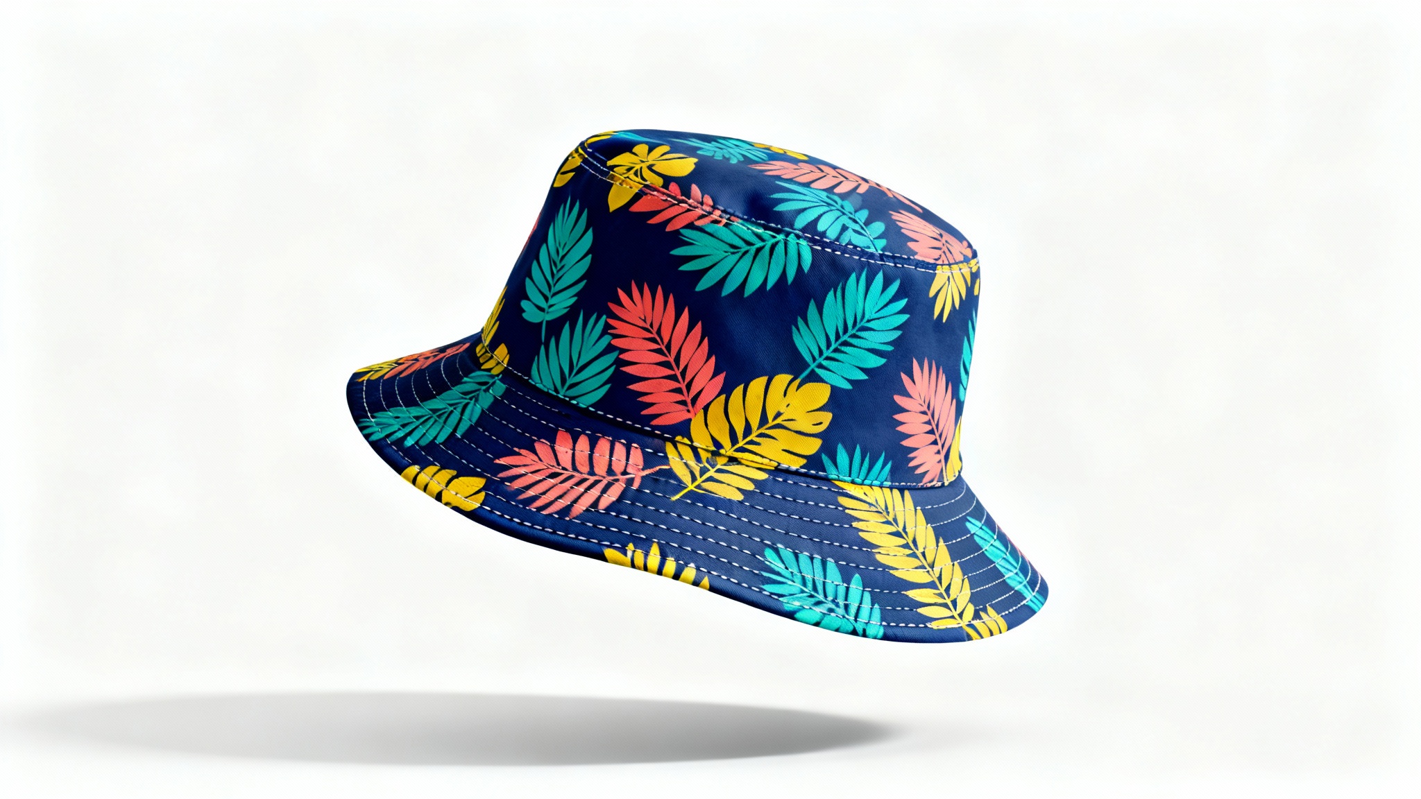 A photorealistic mockup of a bucket hat with a colorful tropical leaf pattern, shown from a three-quarter angle on a plain white background.