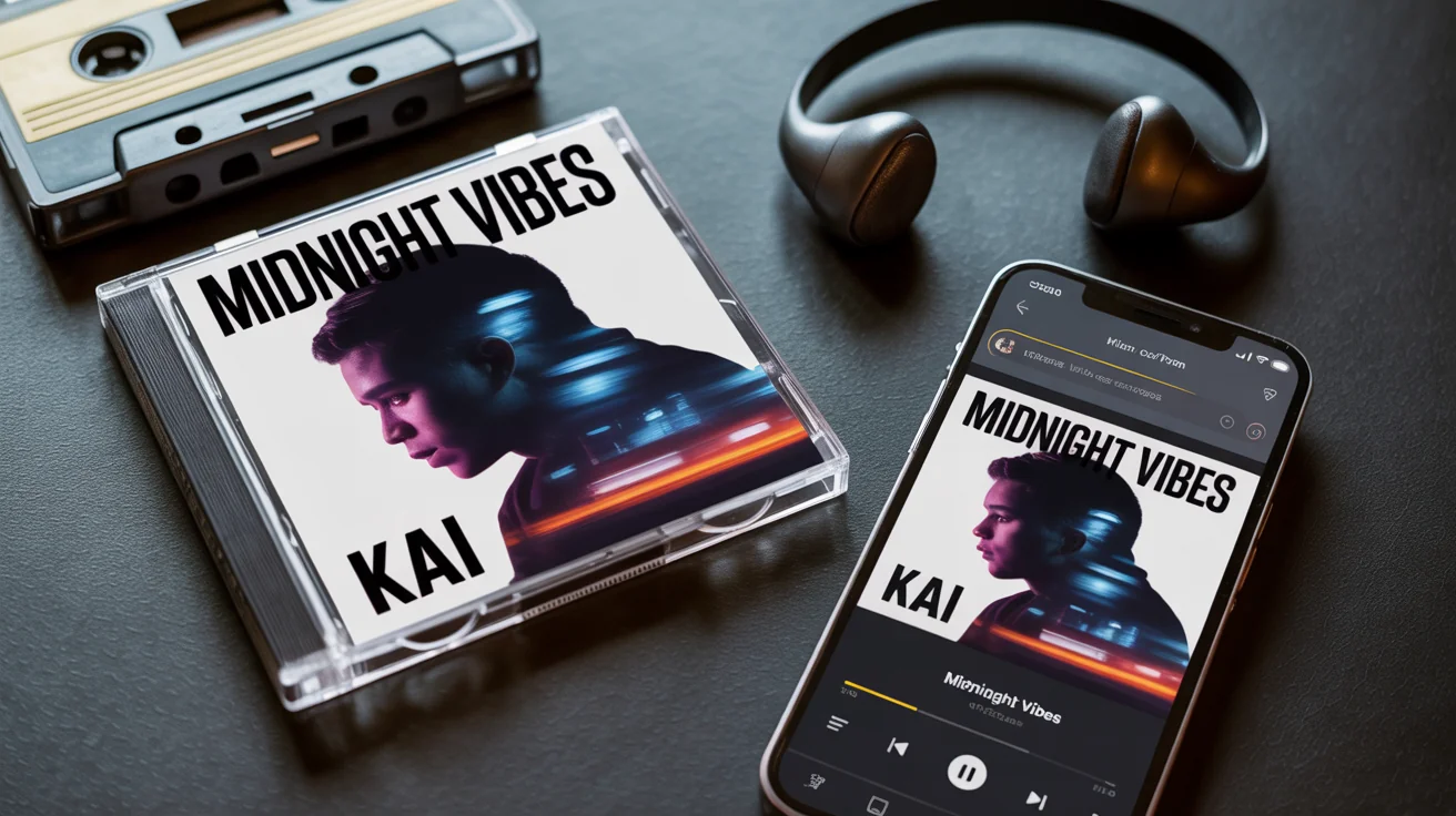 A professional flat lay of a finished mixtape cover design, showcasing a polished final product. The square cover, titled 'MIDNIGHT VIBES' by 'KAI,' is in a jewel case next to a smartphone displaying the same cover on a music app. Wireless earbuds and a cassette tape complete the stylish, modern arrangement on a dark surface.