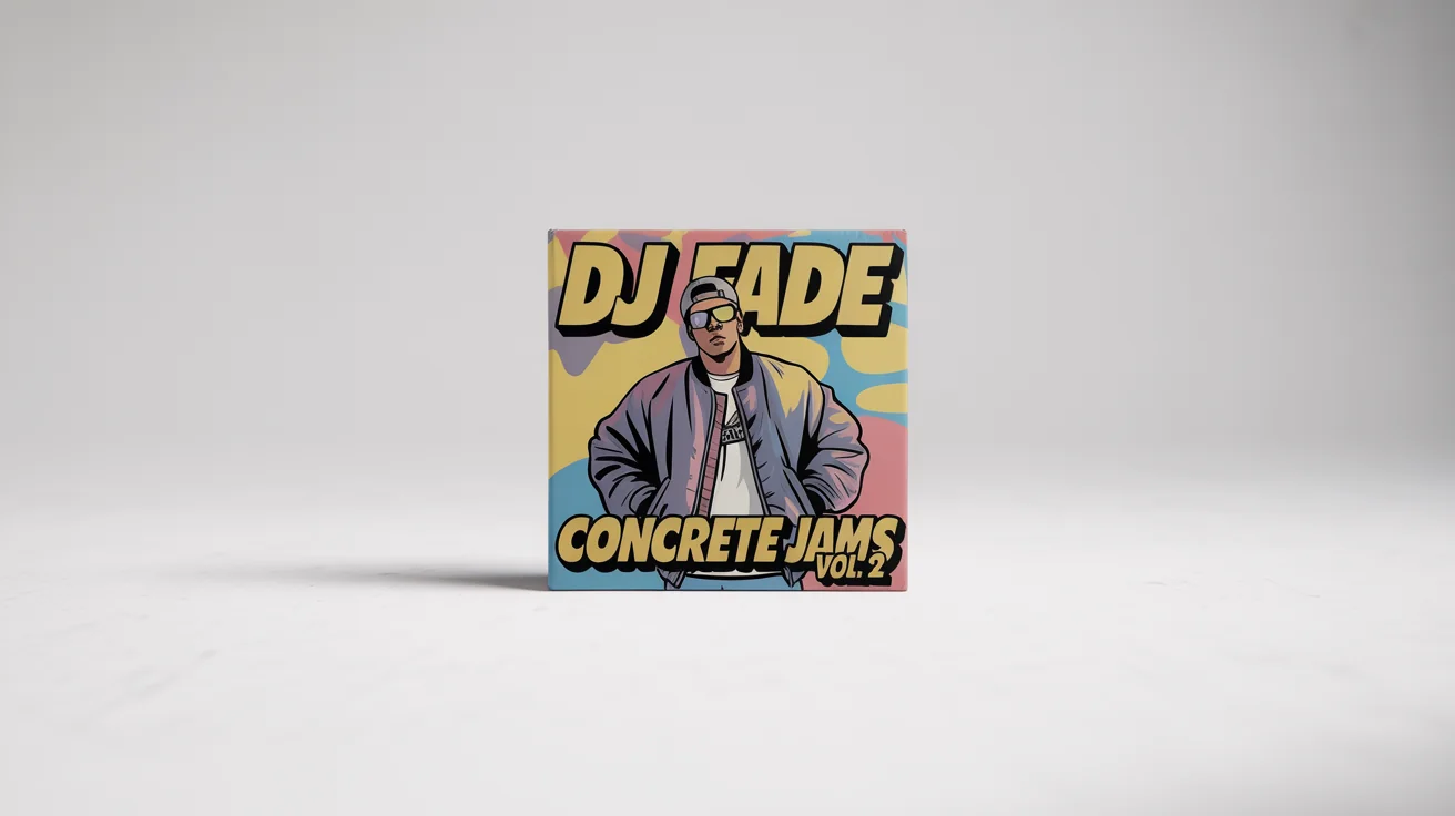 A mockup of a 90s-style mixtape cover for 'DJ FADE' titled 'CONCRETE JAMS VOL. 2', featuring a cool cartoon character and colorful graffiti art.