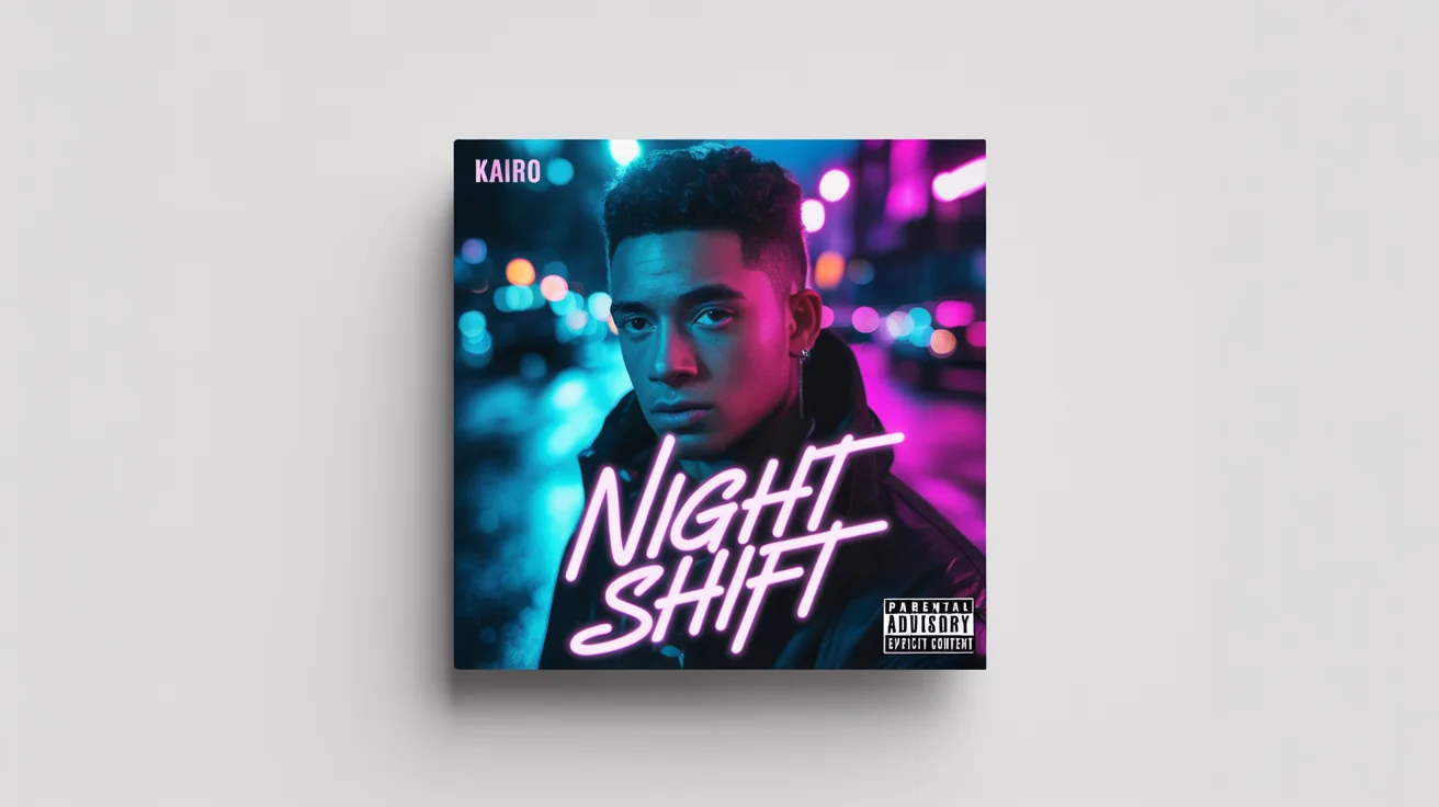 A mockup of a professional mixtape cover for an artist named 'KAIRO'. The cover, titled 'NIGHT SHIFT', shows a man against a blurry, neon-lit city background at night.