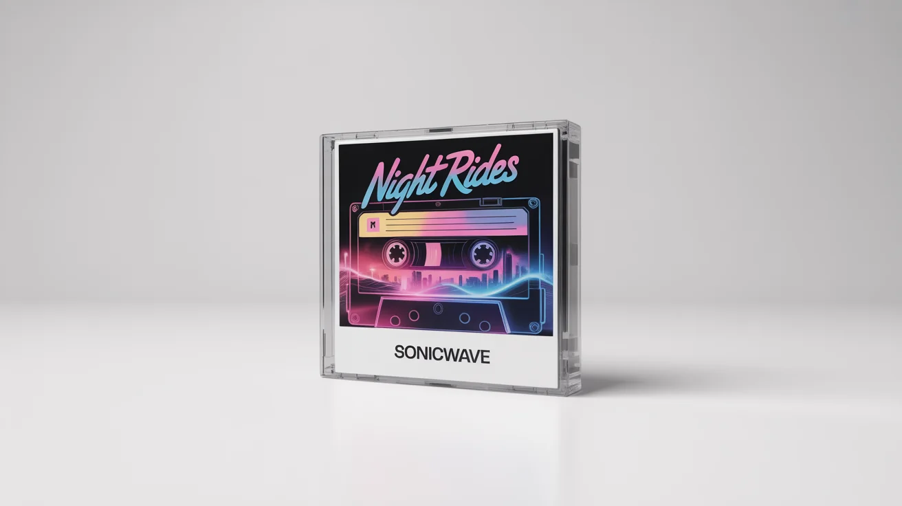 A mockup of a mixtape cover titled 'NIGHT RIDES' by 'SONICWAVE', featuring a retro-futuristic design of a cassette tape and a city skyline, presented in a clear CD jewel case.