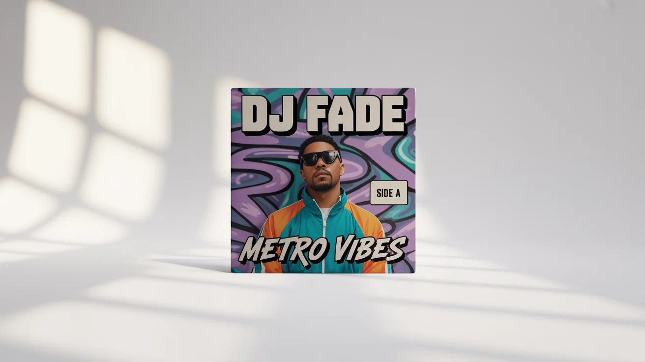 A mockup of a retro 90s hip-hop mixtape cover titled 'Metro Vibes' by 'DJ Fade', featuring a stylized artist photo and bold text, all set against a clean white background.
