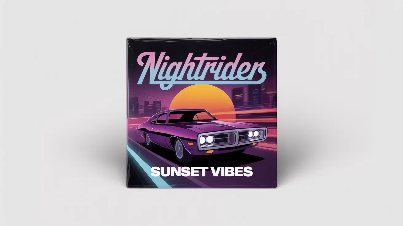 A mockup of a synthwave-style mixtape cover titled 'SUNSET VIBES' by 'NIGHTRIDER', featuring a muscle car driving into a sunset on a clean white background.