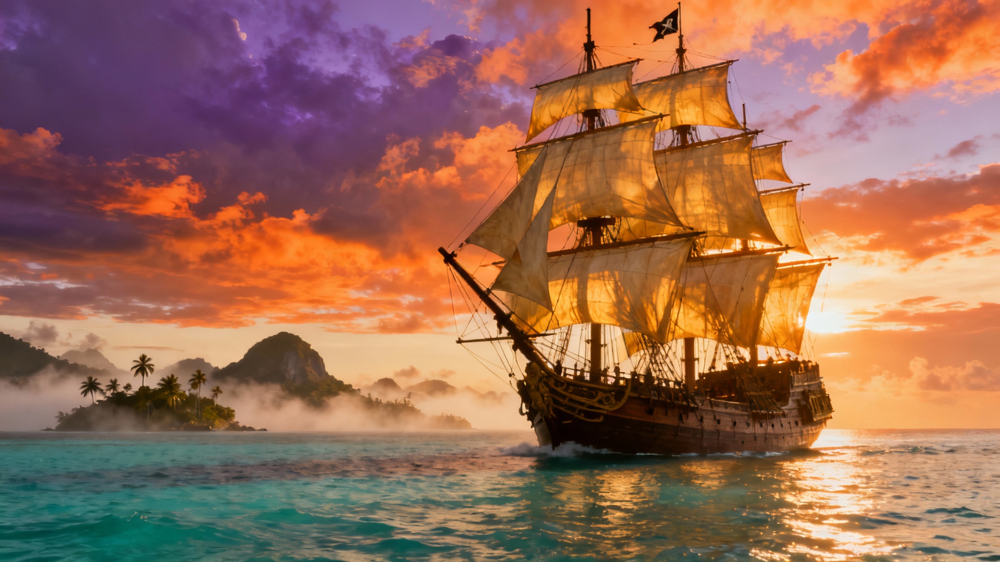 A majestic pirate ship with full sails silhouetted against a dramatic, fiery sunset on the open ocean, serving as a beautiful background.