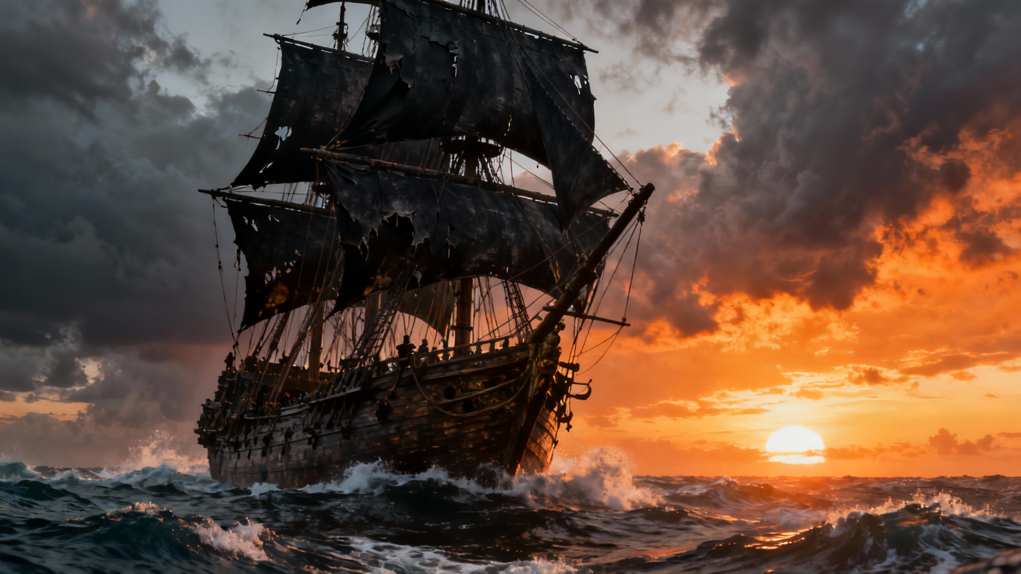 A highly detailed, photorealistic image of a majestic pirate ship with black sails navigating a stormy sea under a dramatic sunset sky.