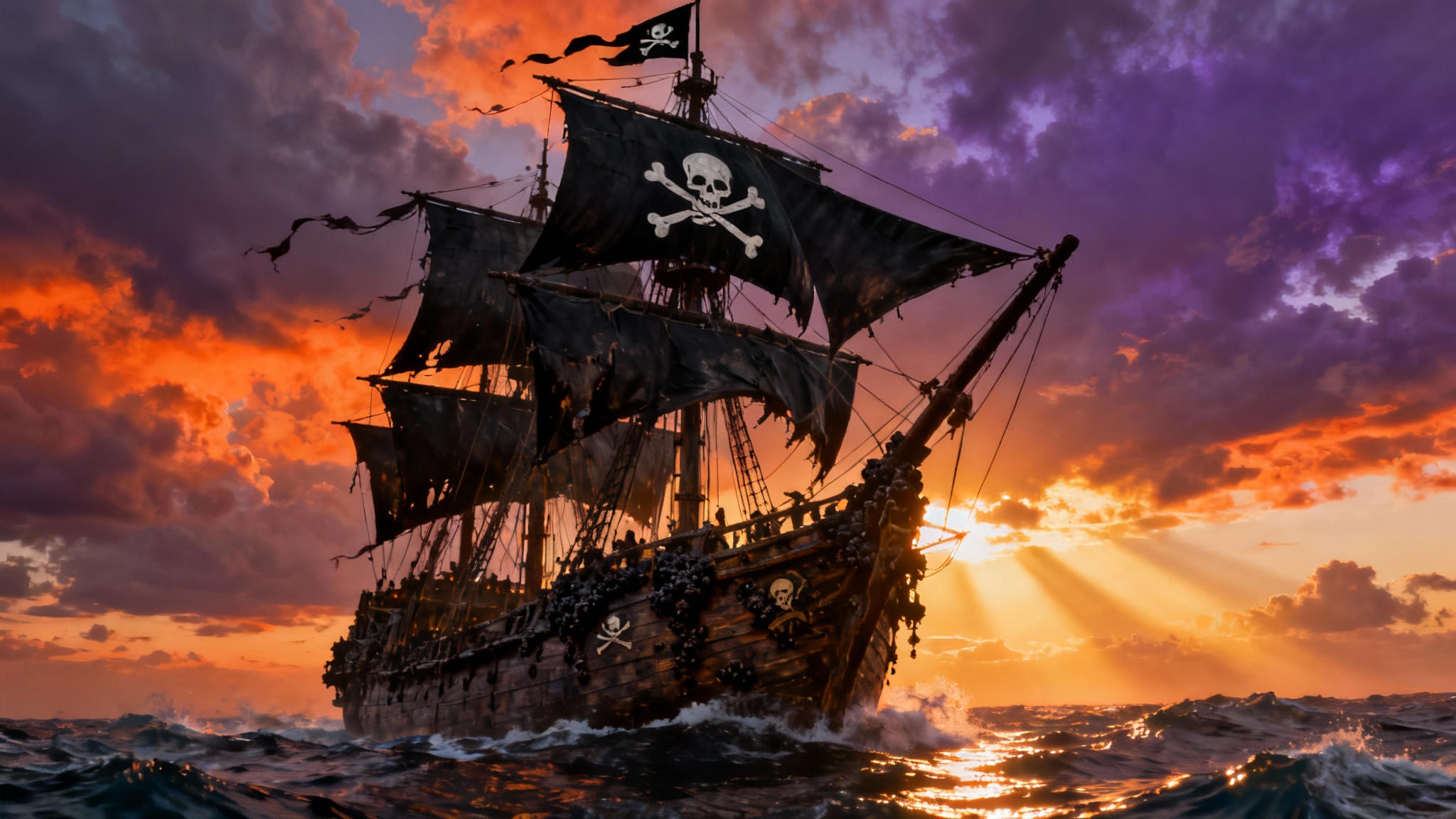 A dramatic, photorealistic image of a large pirate ship with tattered black sails, sailing on a choppy sea during a fiery sunset.