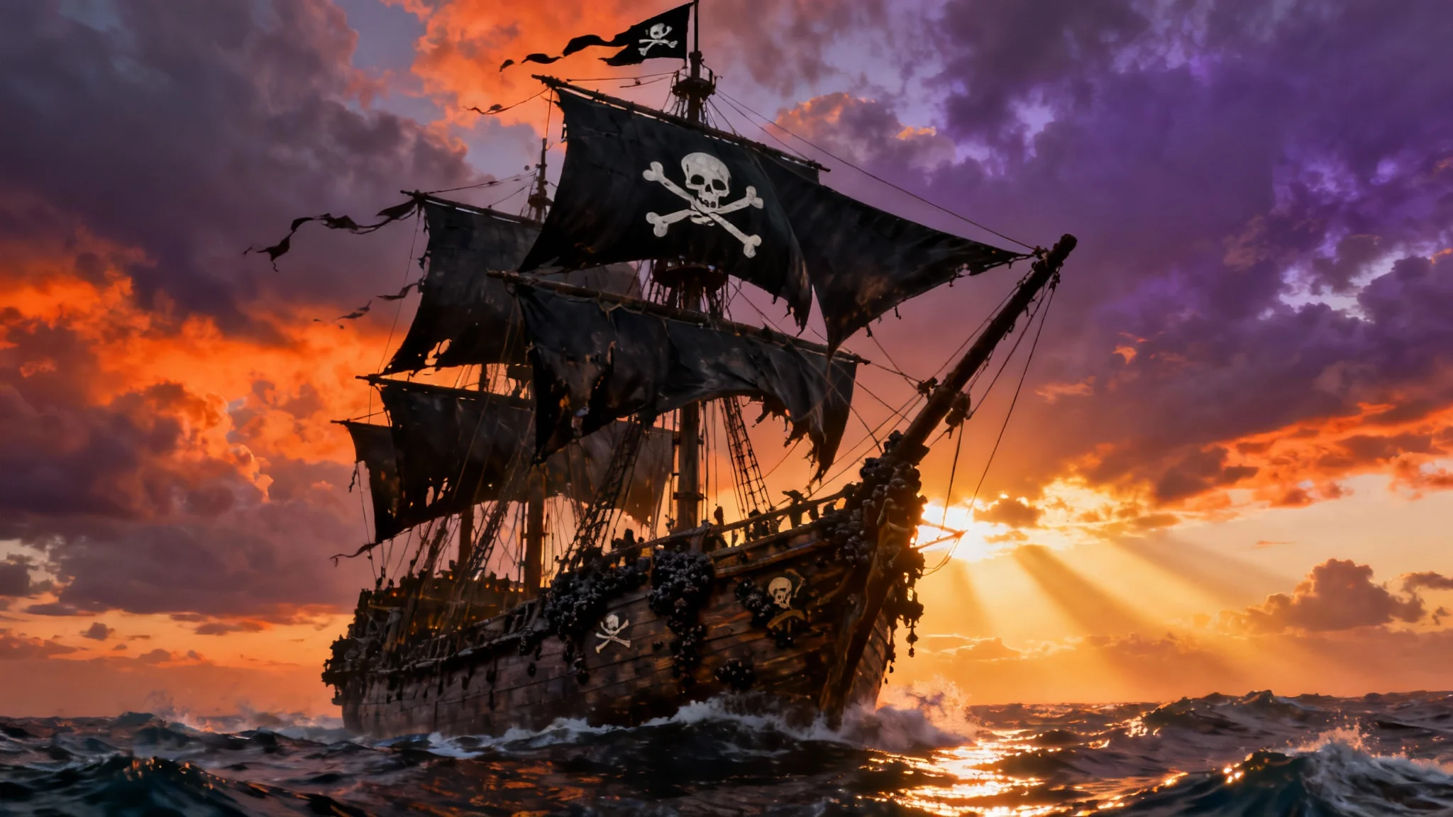 A dramatic, photorealistic image of a large pirate ship with tattered black sails, sailing on a choppy sea during a fiery sunset.