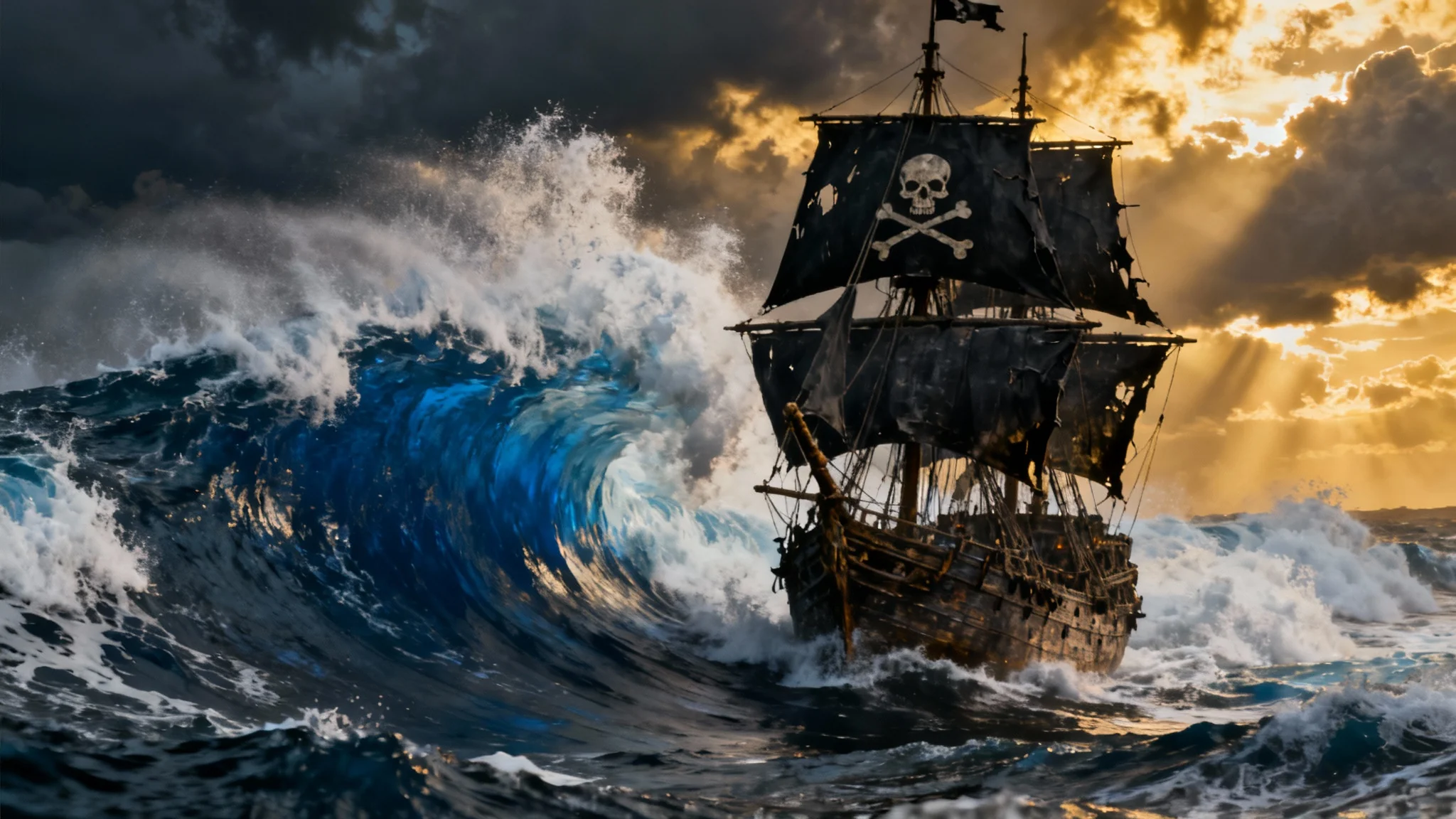A dramatic illustration of a large pirate ship with tattered black sails battling huge waves in a stormy sea, with golden sun rays breaking through the dark clouds.