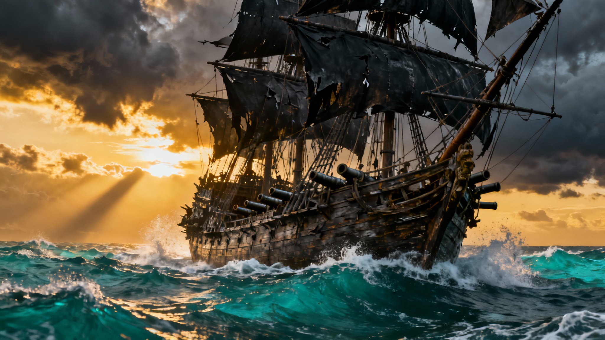 A majestic pirate ship with tattered black sails navigating a stormy sea as the sun sets dramatically in the background.