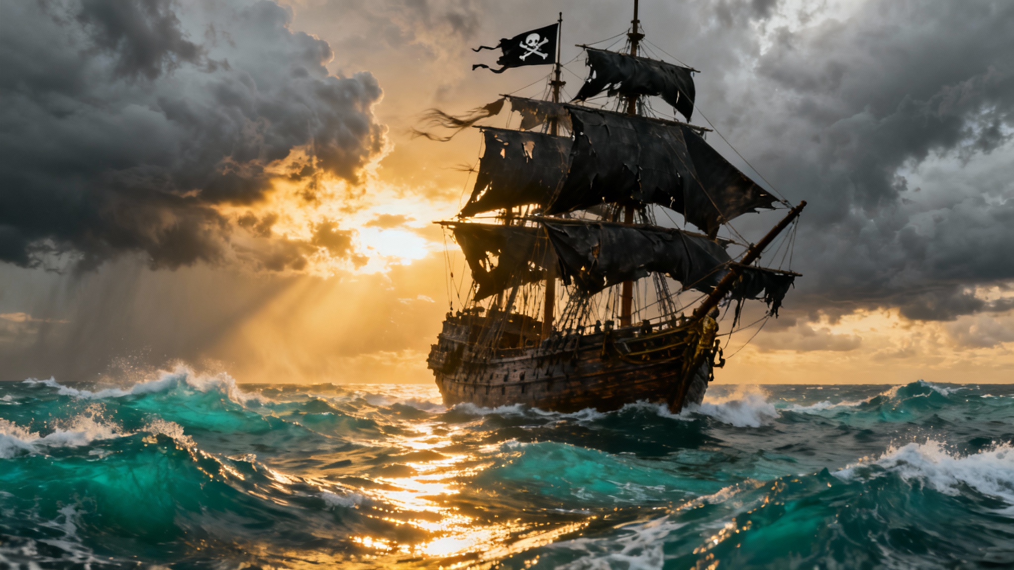 A highly detailed, photorealistic image of a majestic pirate ship with tattered black sails navigating through a stormy, turquoise sea during a dramatic sunset.