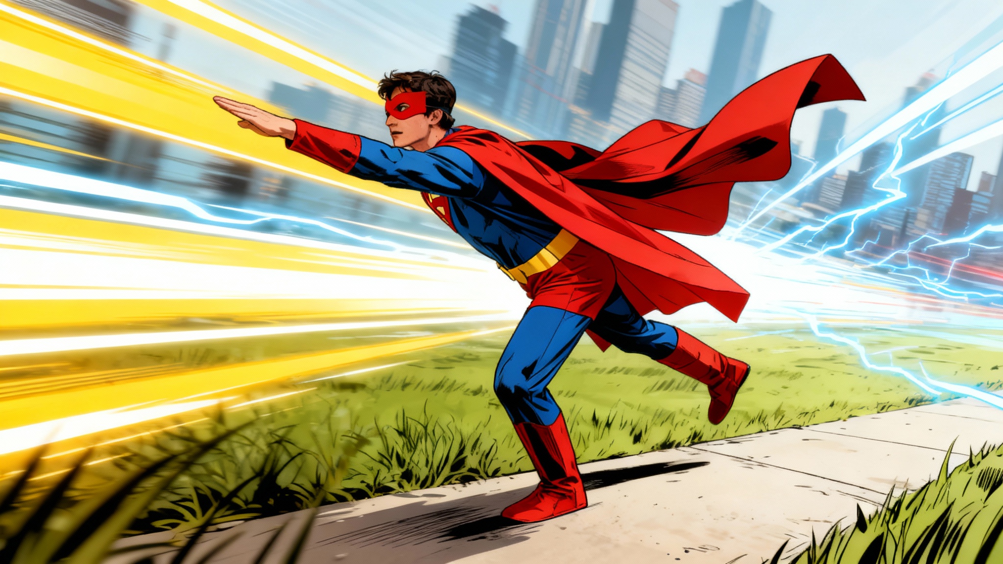 A vibrant comic book illustration showing the final result of adding action lines: a superhero in a red and blue costume flies through the air, surrounded by dramatic yellow and white speed lines that emphasize his rapid movement.