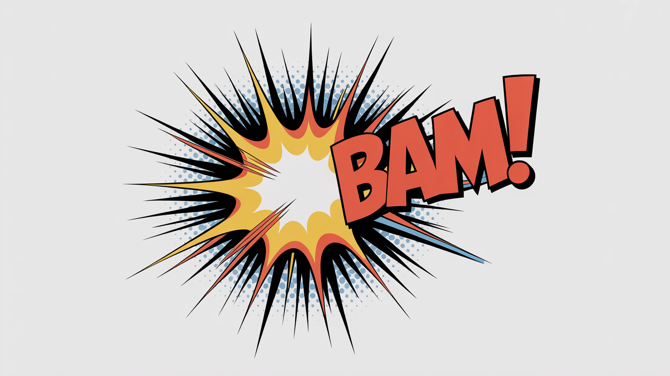 A comic book style illustration showing an explosion of action lines. The word 'BAM!' in red block letters is at the center of a yellow and orange starburst, with black speed lines radiating outwards on a white background.