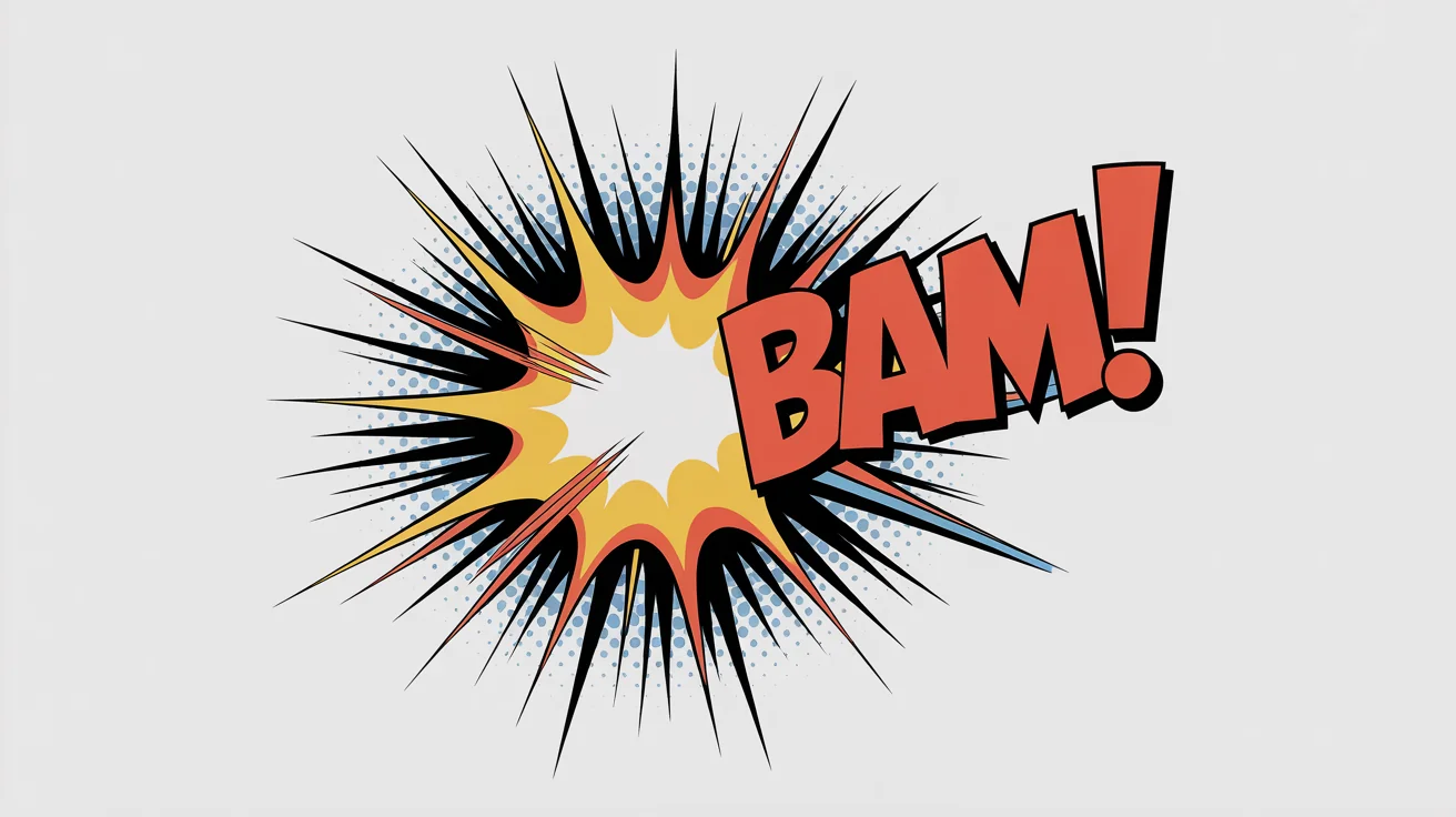 A comic book style illustration showing an explosion of action lines. The word 'BAM!' in red block letters is at the center of a yellow and orange starburst, with black speed lines radiating outwards on a white background.